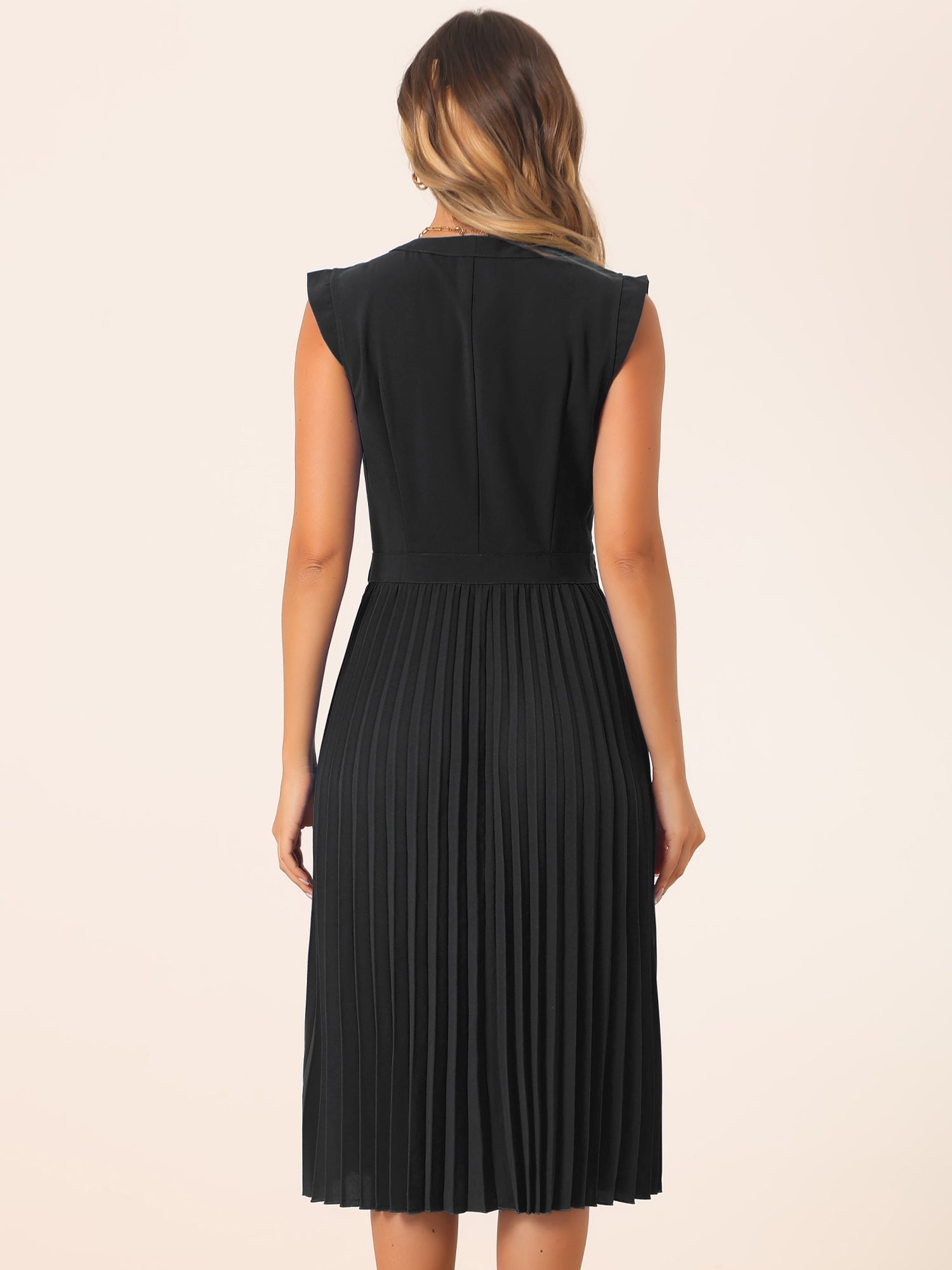 Sleeveless Dress Casual V Neck Button Pleated Midi Dress