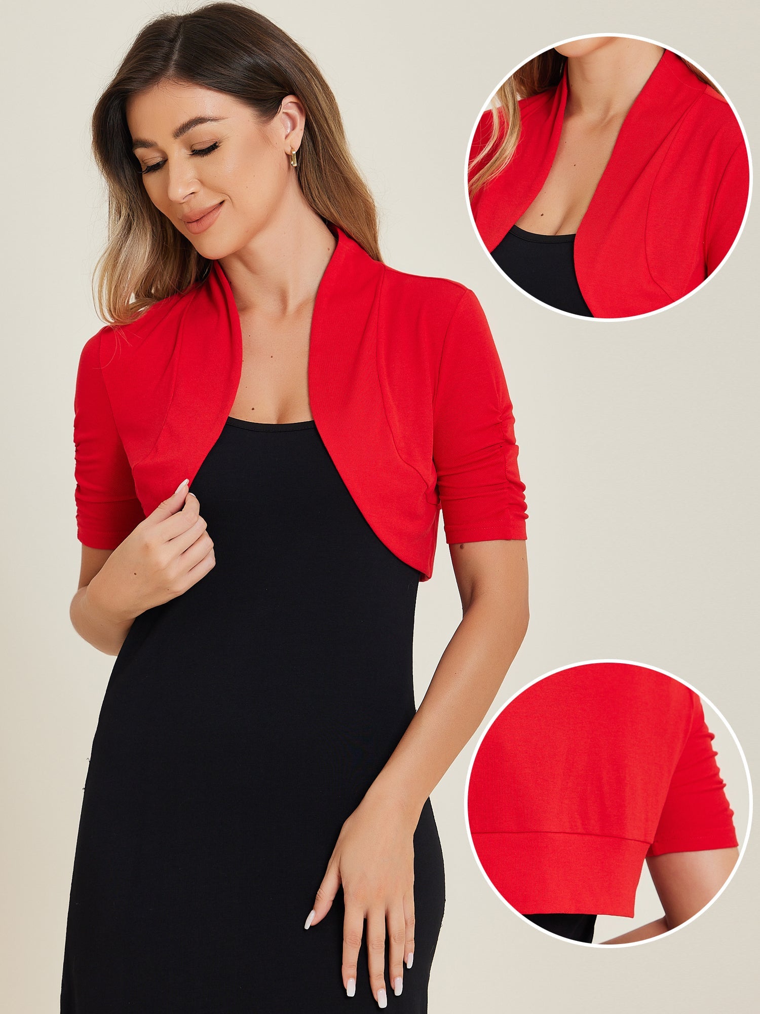 Short Ruched Sleeve Open Front Knit Cropped Bolero Shrugs