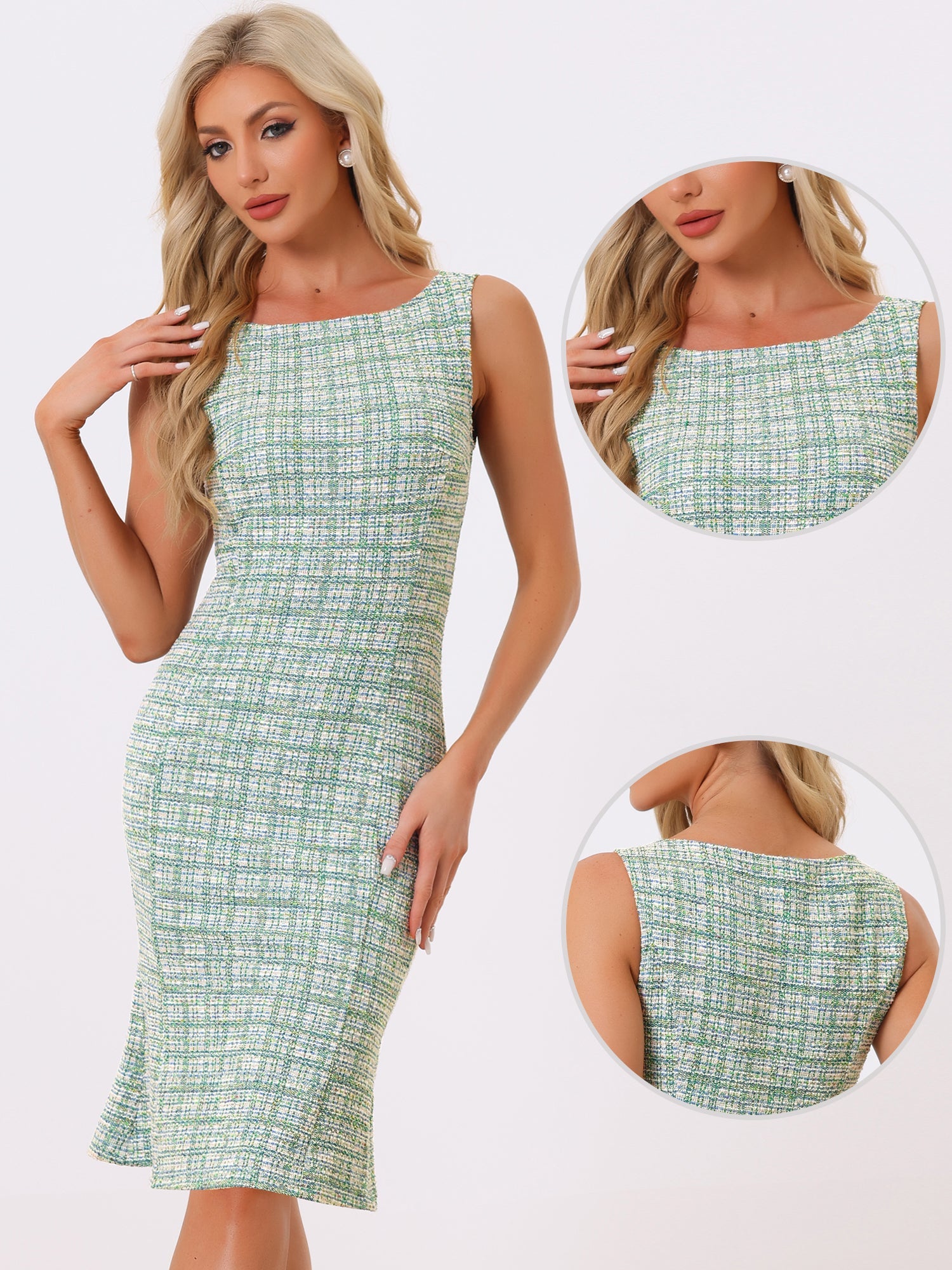 Tweed Sleeveless Elegant Plaid Midi Fishtail Dress