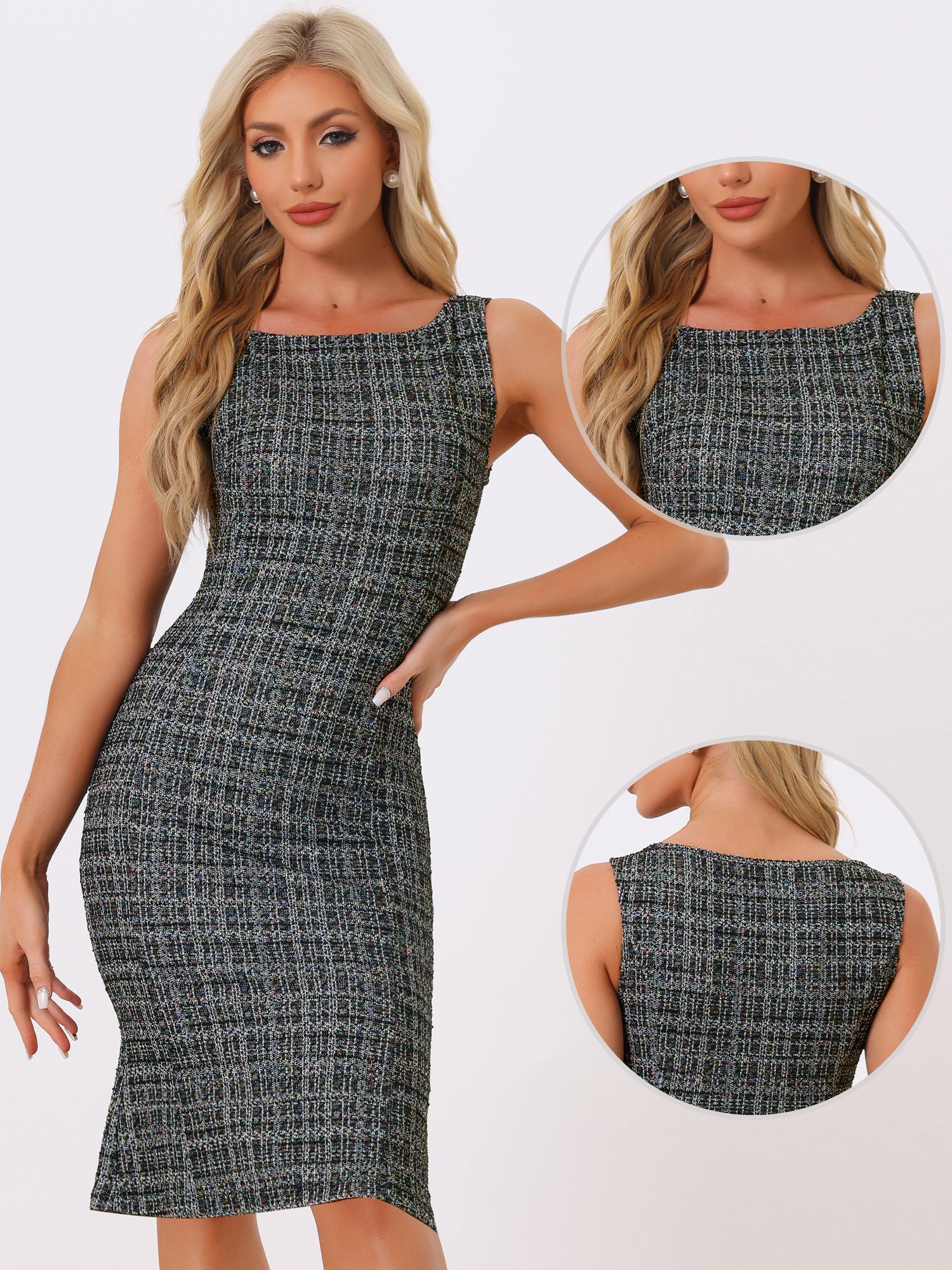 Tweed Sleeveless Elegant Plaid Midi Fishtail Dress