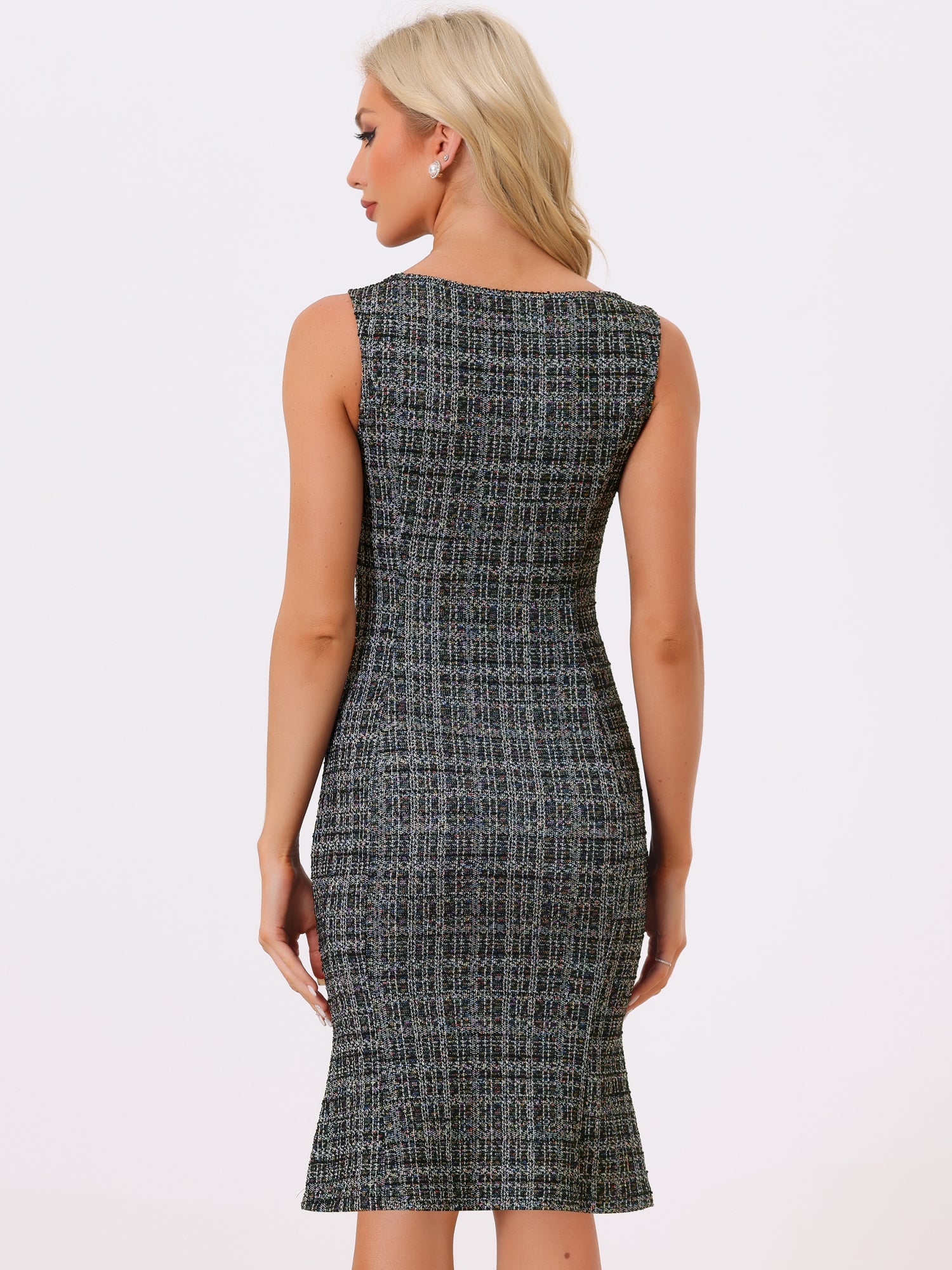 Tweed Sleeveless Elegant Plaid Midi Fishtail Dress