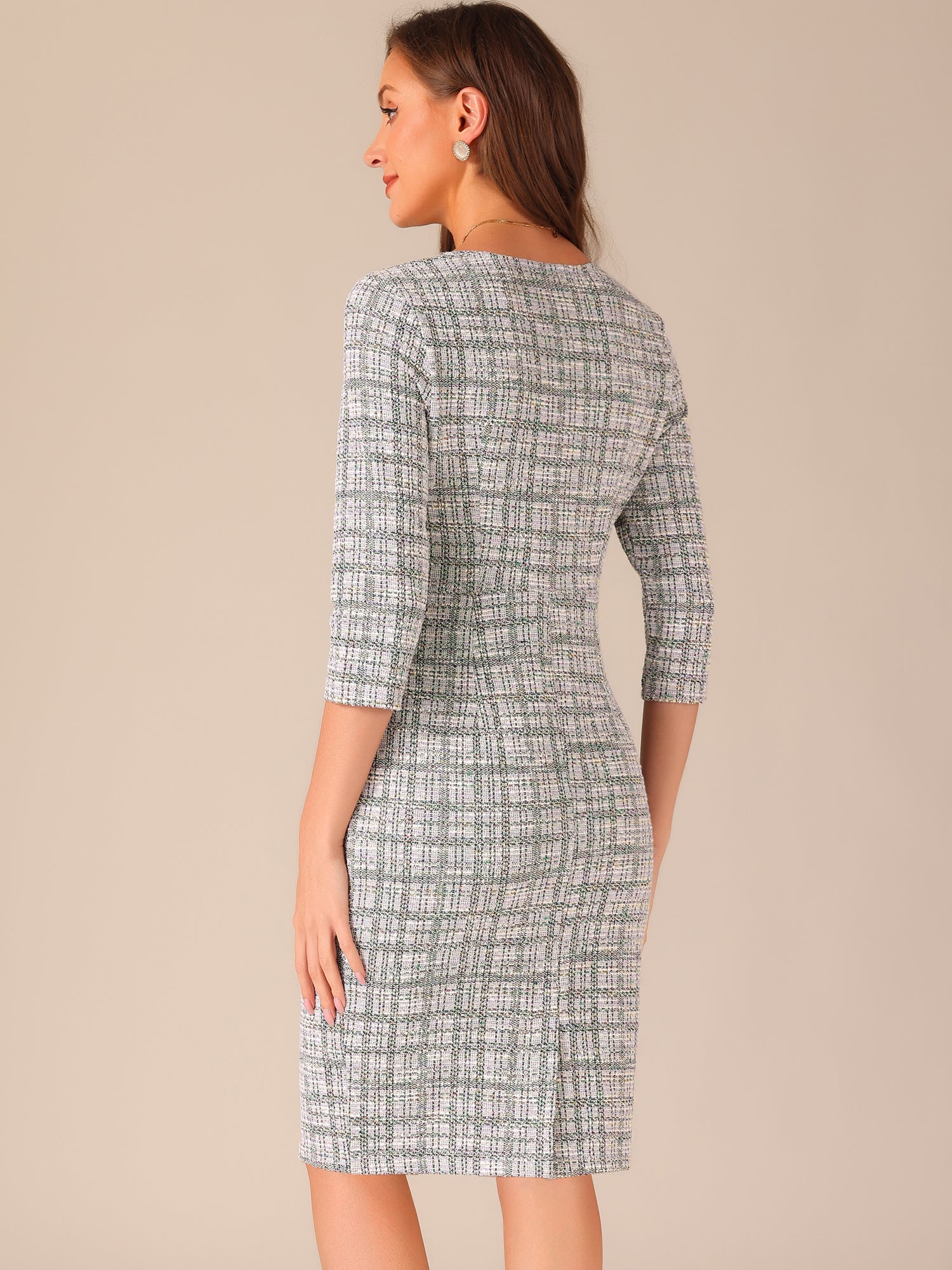 Elegant Square Neck 3/4 Sleeve Plaid Tweed Sheath Dress