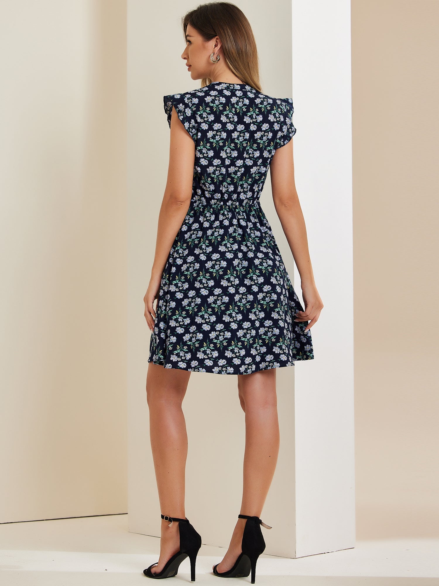 Flutter Sleeve Ruffle A-Line Flowy Chiffon Dress