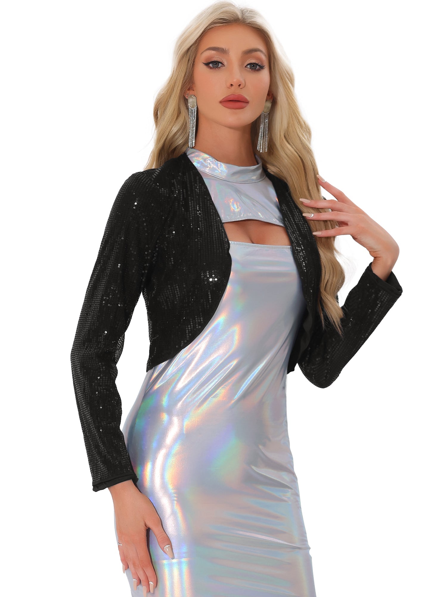 Sequin Open Front Sparkly Bolero Shrug Cropped Jacket
