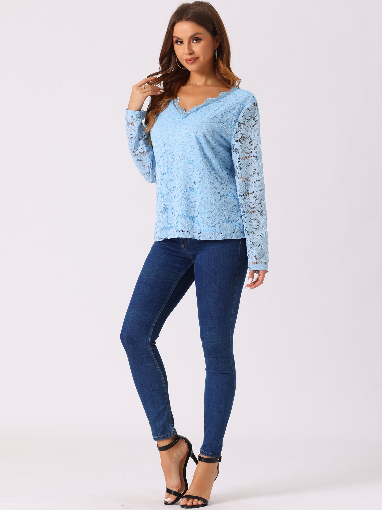 Floral Embroidery Sheer Long Sleeve Lace Blouse Top