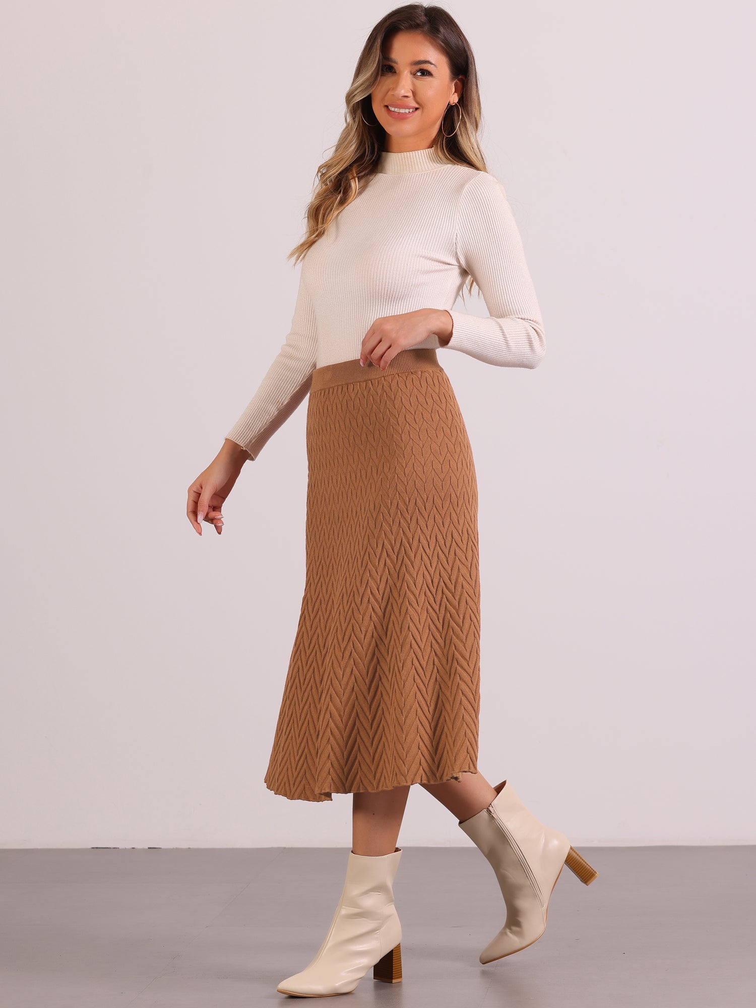 Stretchy Textured Knit Midi Fishtail Sweater Skirt