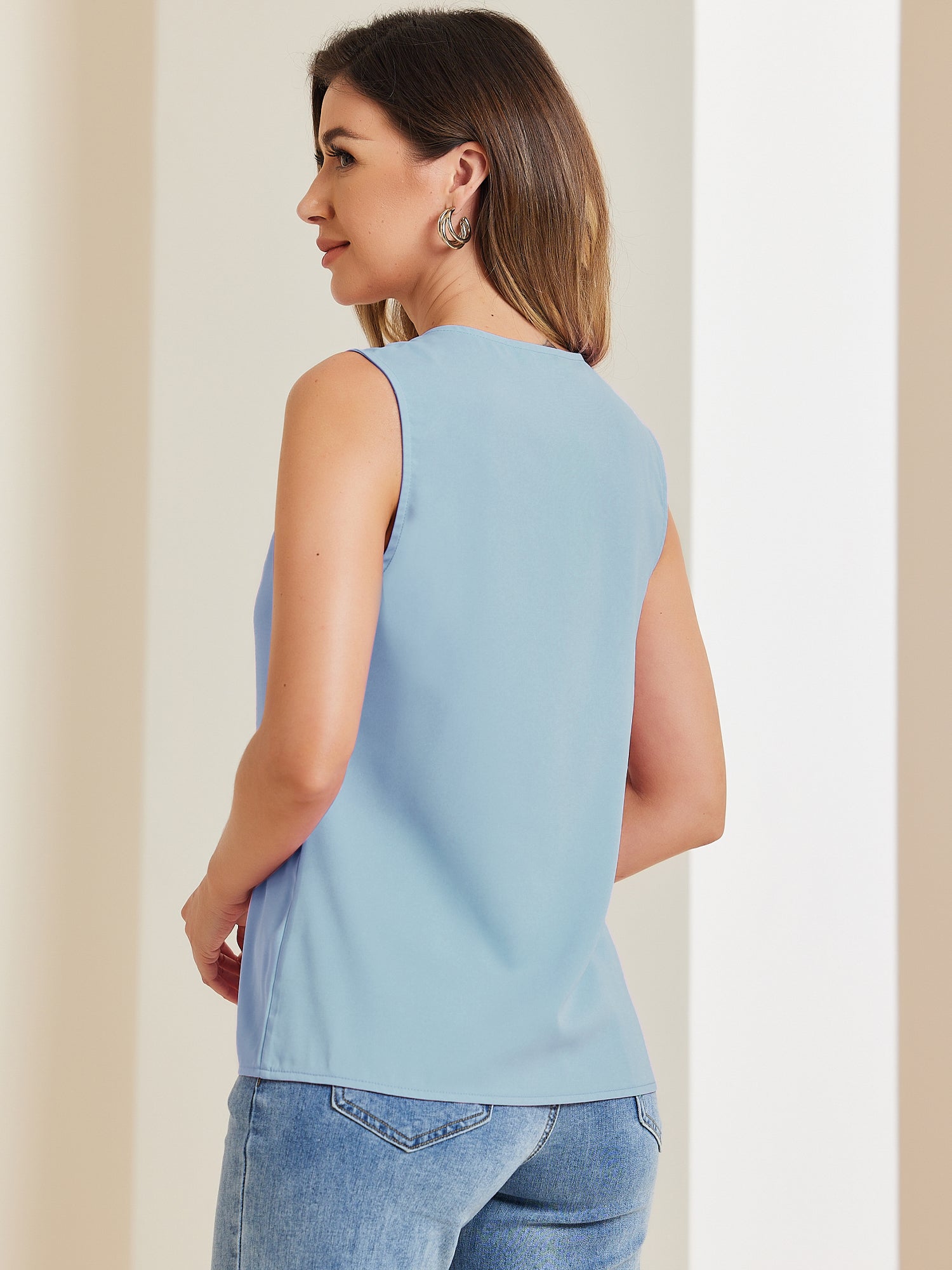 Sleeveless Work Top Pleated Chiffon V Neck Blouse