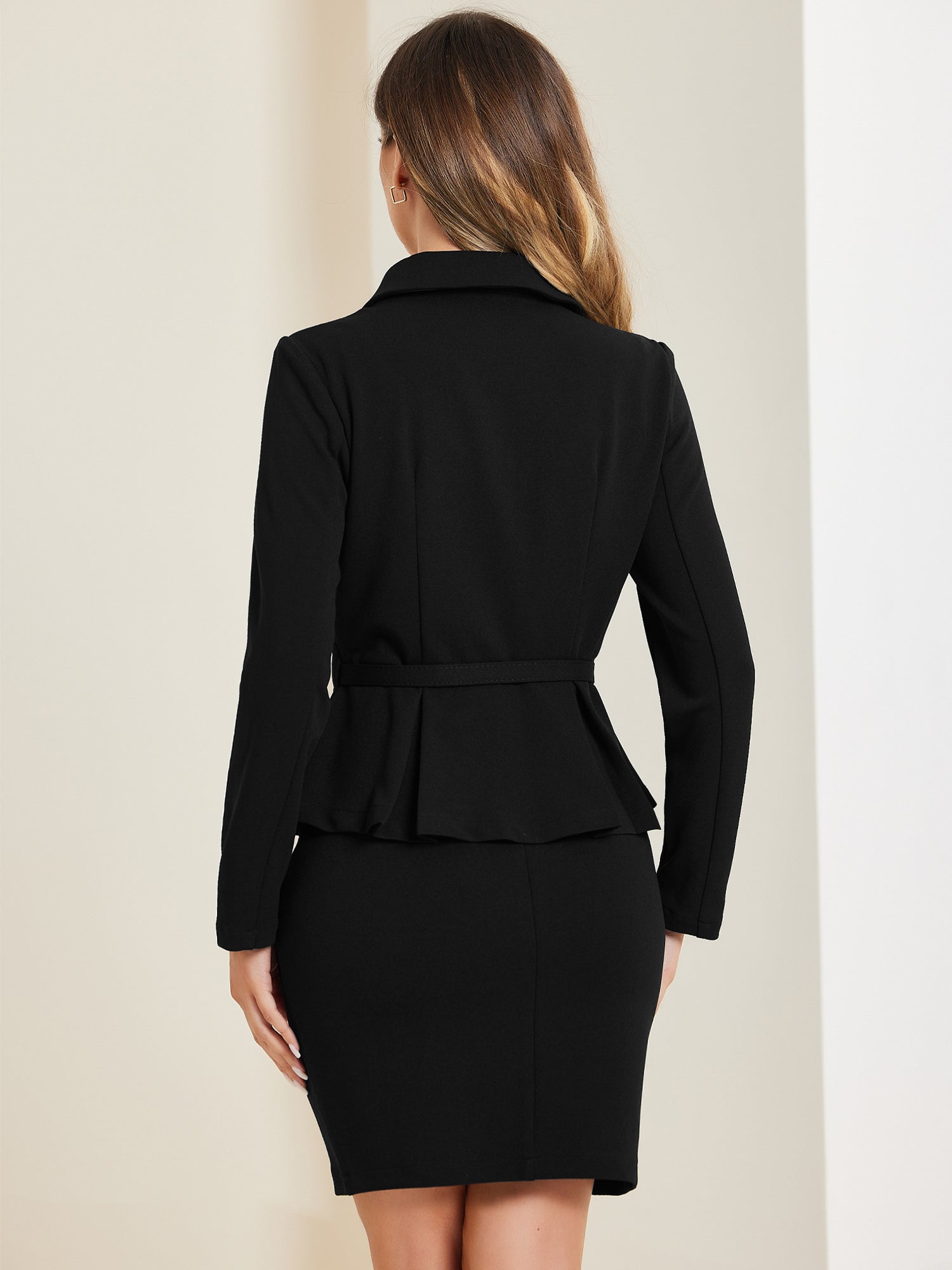 2pc Business Suits Belted Peplum Blazer Jacket and Pencil Skirt Sets