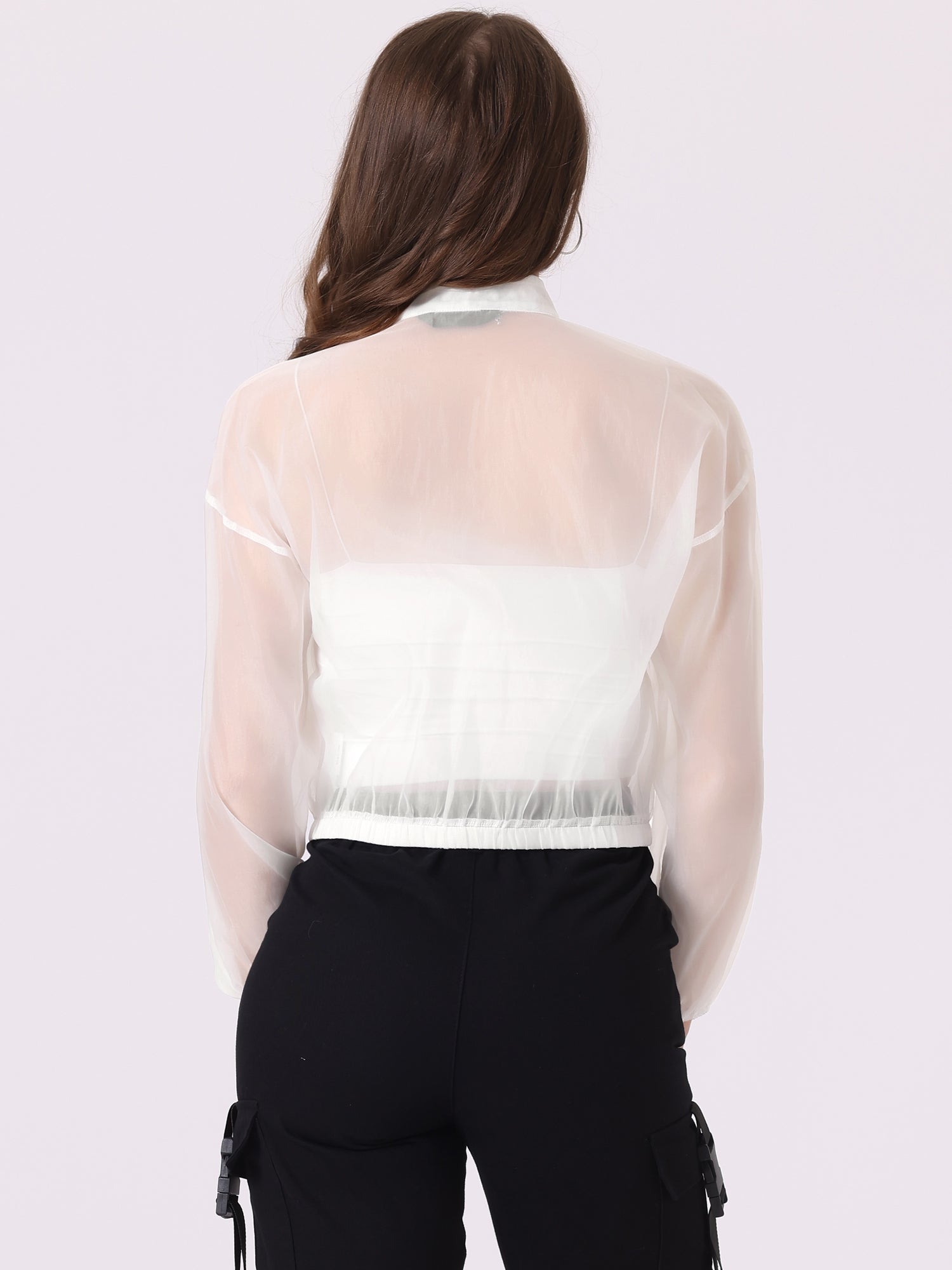 Sheer Zip Up Long Sleeve See Through Bomber Jacket