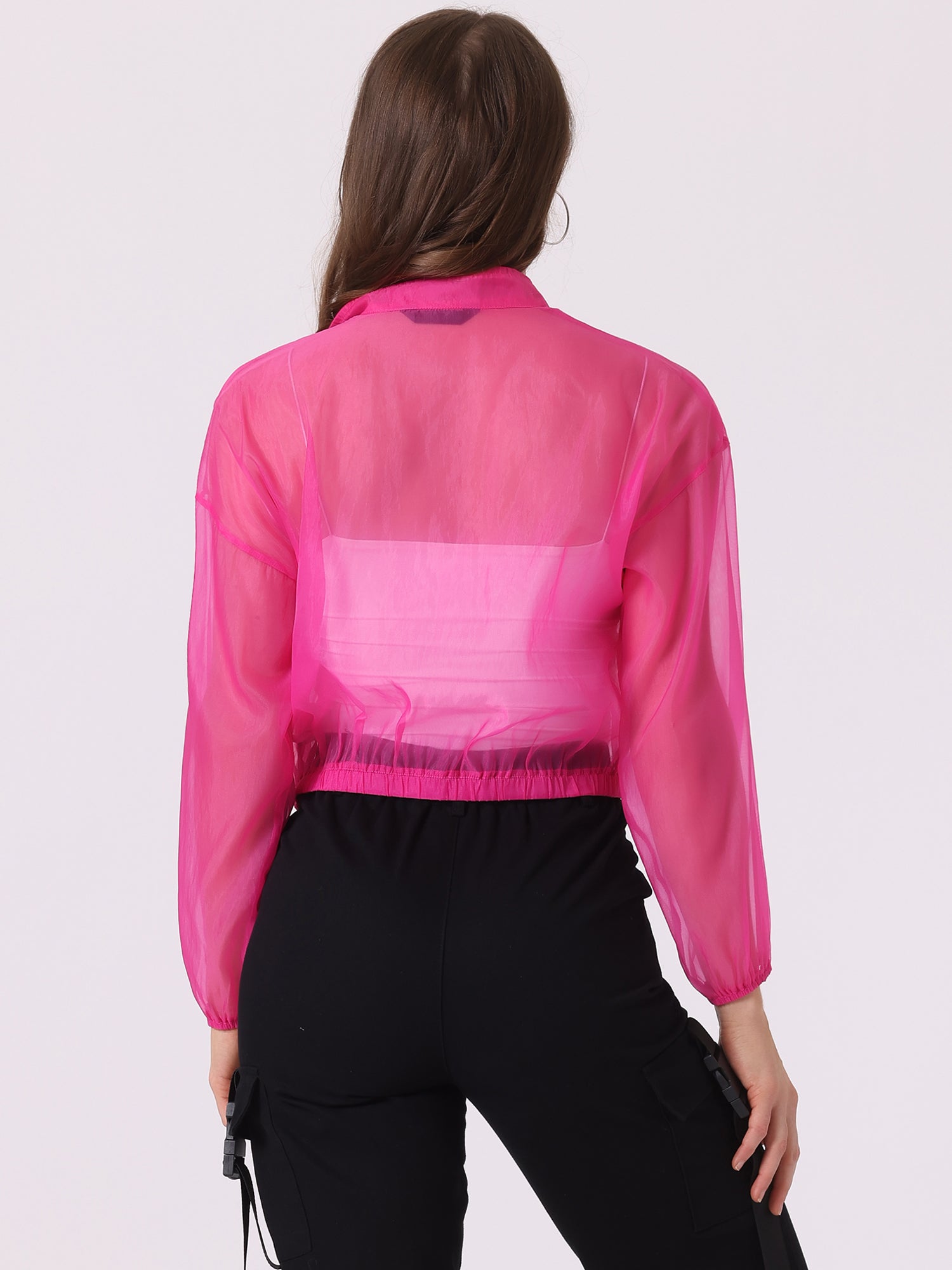 Sheer Zip Up Long Sleeve See Through Bomber Jacket