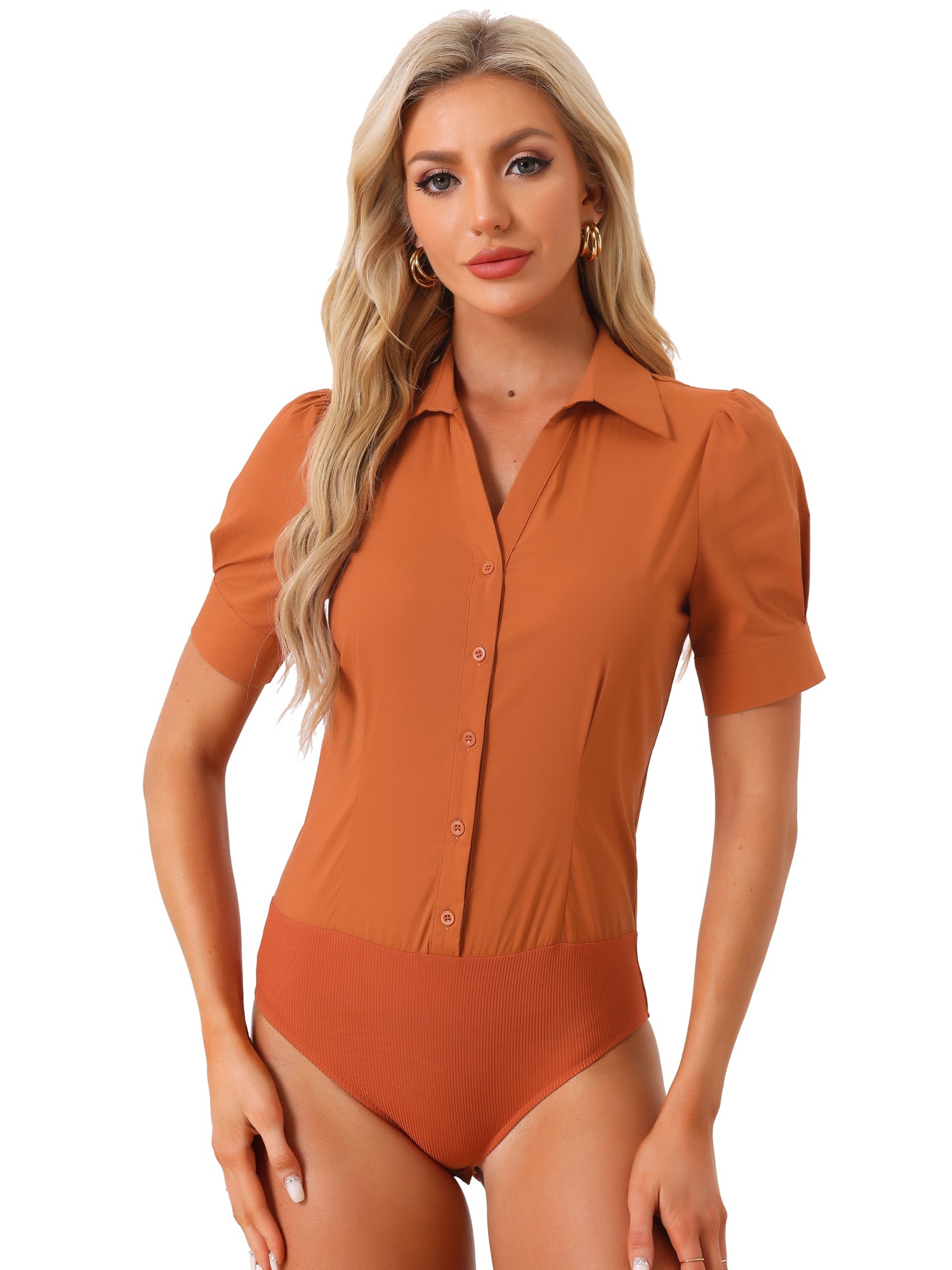 Button Down Leotard Shirt Short Sleeve Collared Business Work Bodysuit