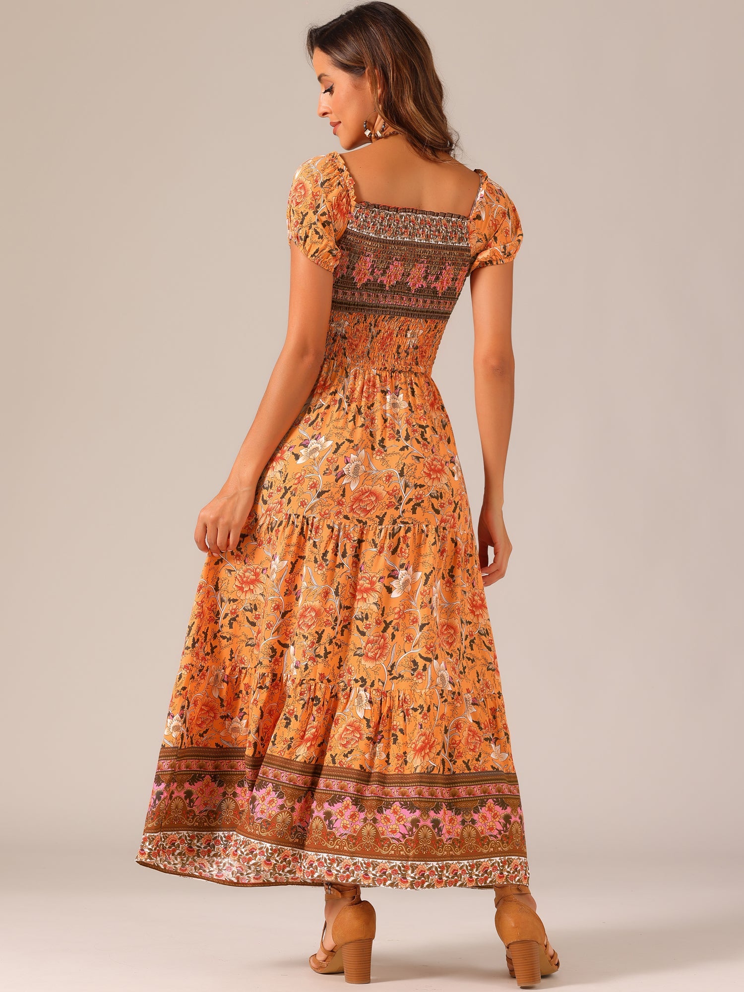 Boho Floral Off Shoulder Puff Sleeves Maxi Smocked Dress