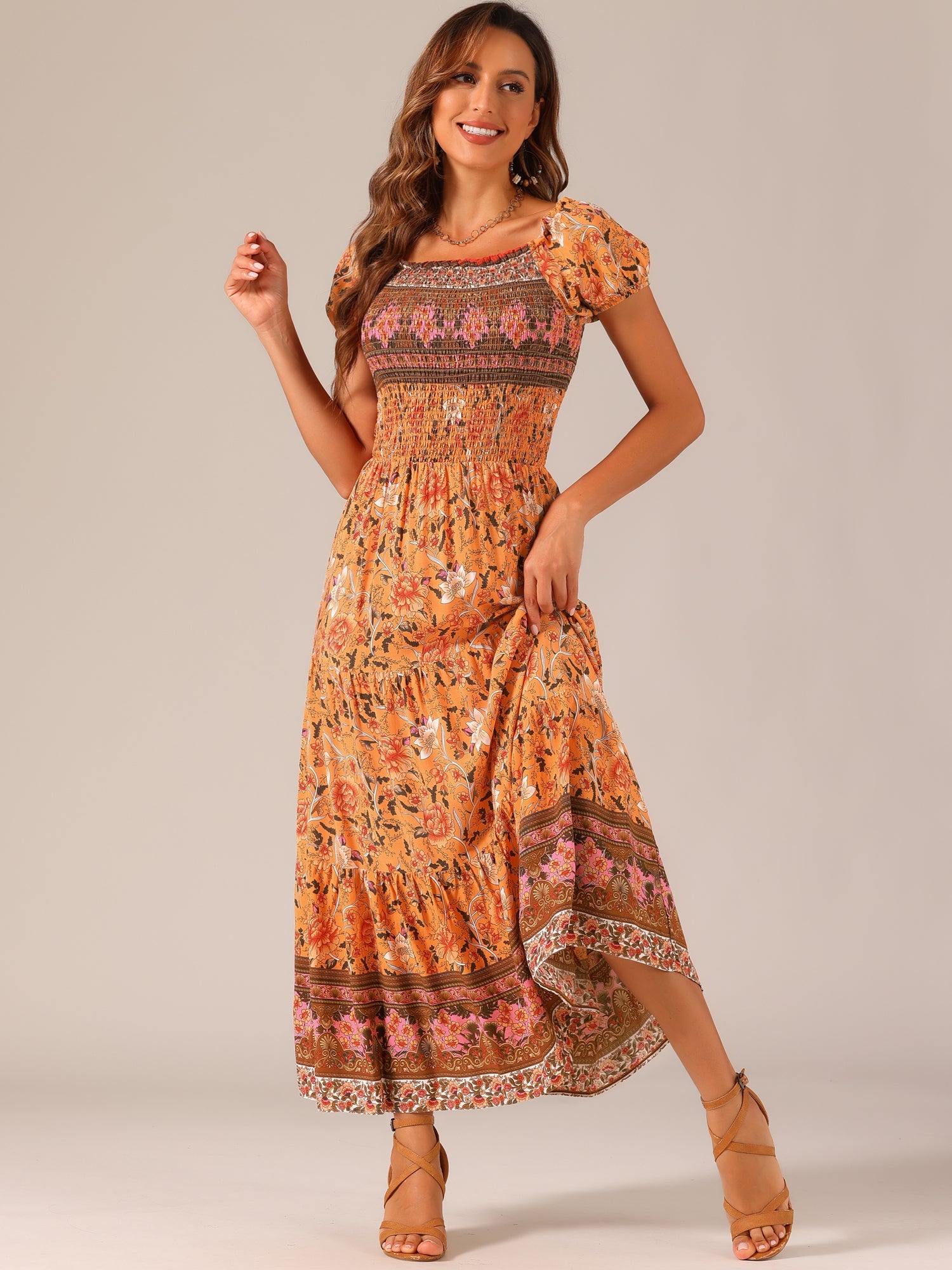Boho Floral Off Shoulder Puff Sleeves Maxi Smocked Dress