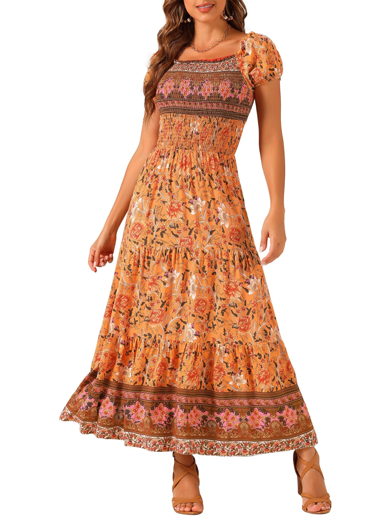 Boho Floral Off Shoulder Puff Sleeves Maxi Smocked Dress