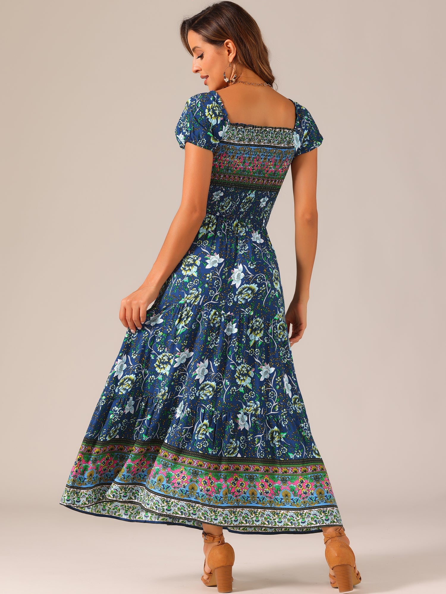 Boho Floral Off Shoulder Puff Sleeves Maxi Smocked Dress