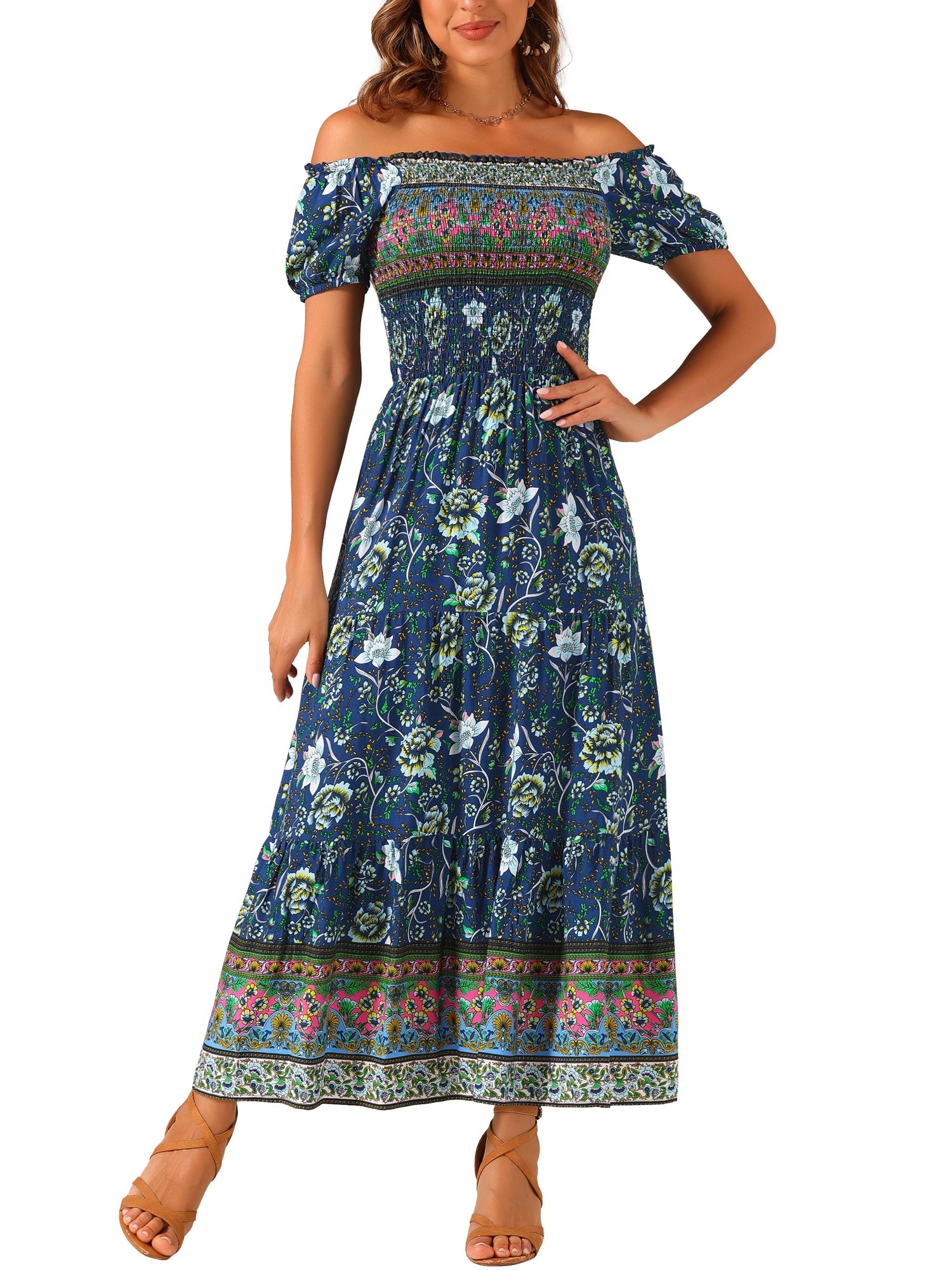 Boho Floral Off Shoulder Puff Sleeves Maxi Smocked Dress