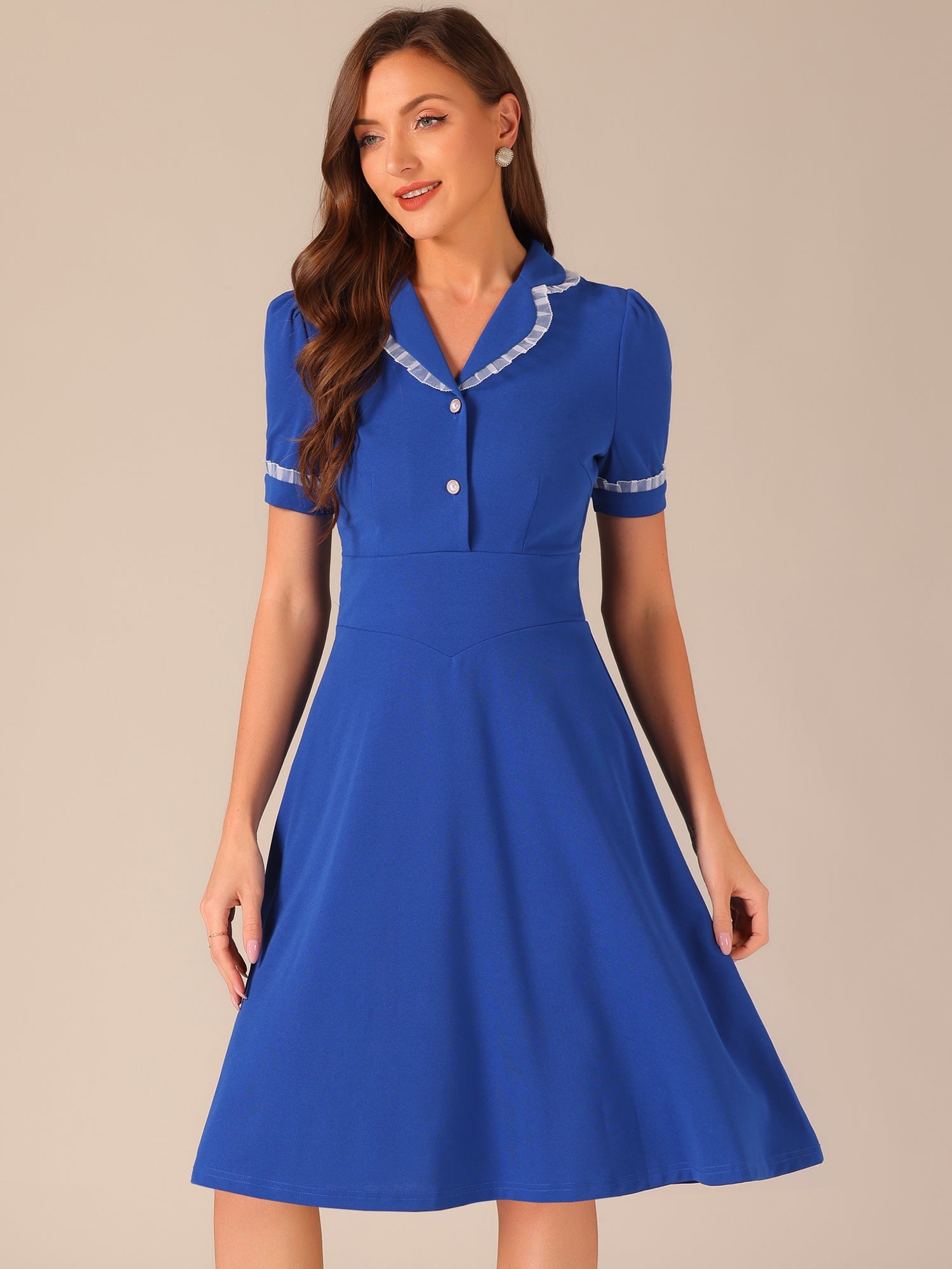 Work Lace Notched Collar Vintage 1950s Short Sleeve Midi Shirt Dress