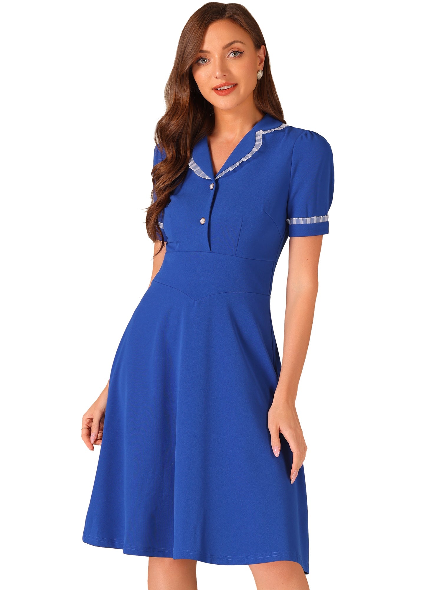 Work Lace Notched Collar Vintage 1950s Short Sleeve Midi Shirt Dress