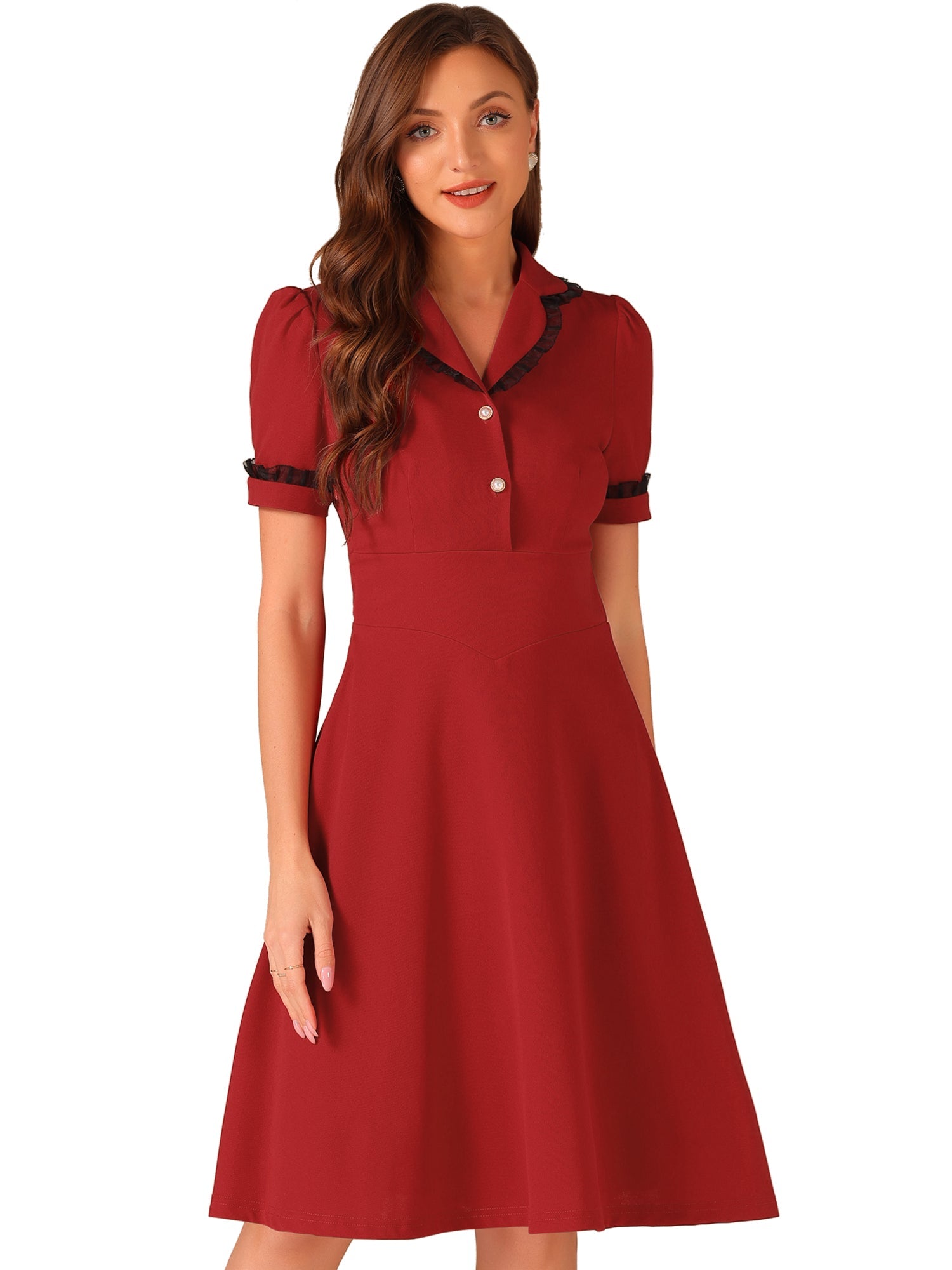 Work Lace Notched Collar Vintage 1950s Short Sleeve Midi Shirt Dress