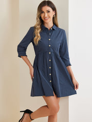 Ruched 3/4 Sleeve Button Up Casual Mini Shirt Dress