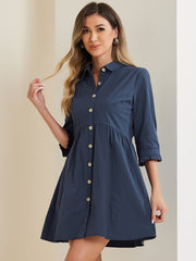 Ruched 3/4 Sleeve Button Up Casual Mini Shirt Dress