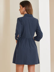 Ruched 3/4 Sleeve Button Up Casual Mini Shirt Dress