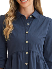 Ruched 3/4 Sleeve Button Up Casual Mini Shirt Dress