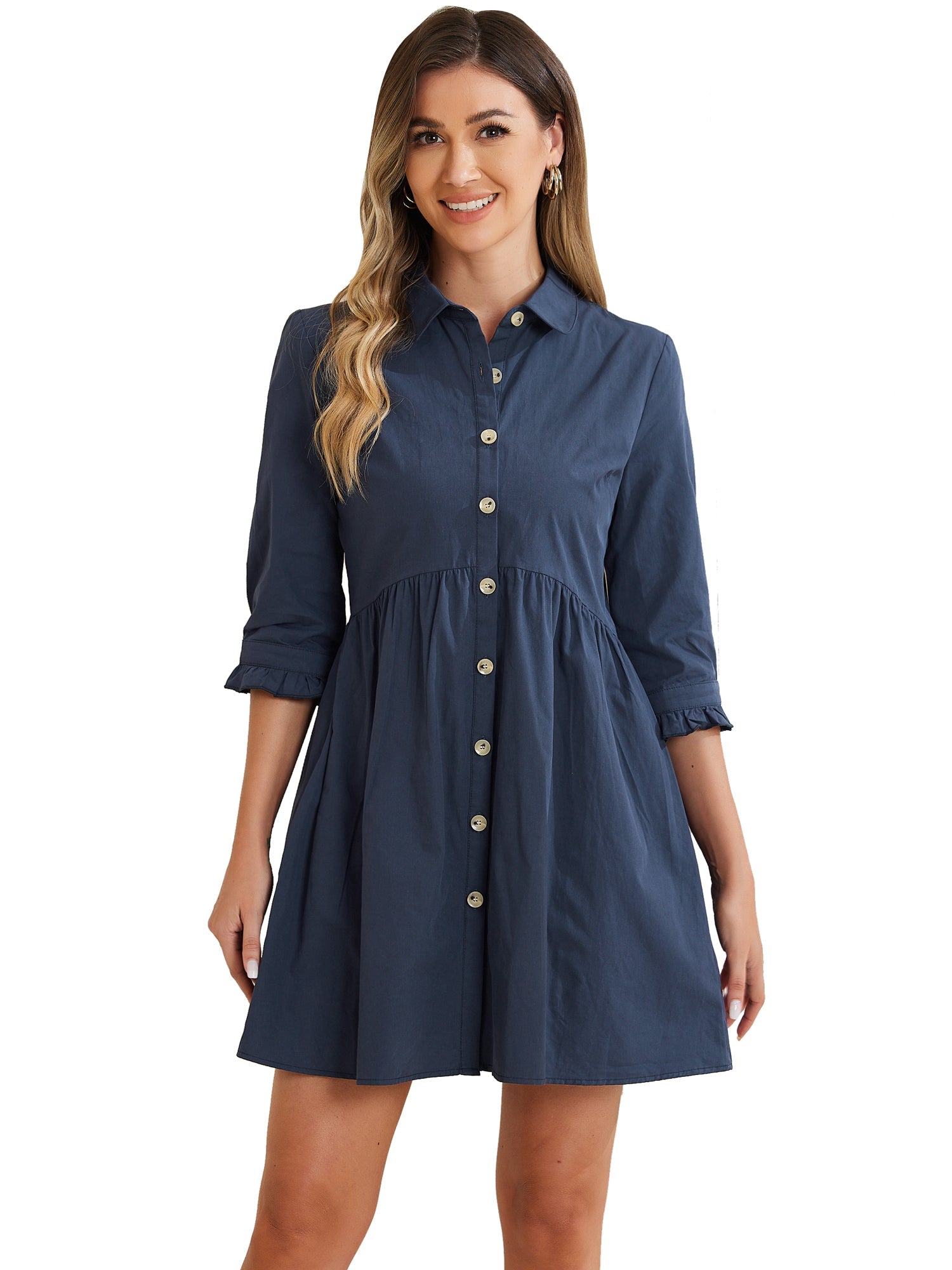 Ruched 3/4 Sleeve Button Up Casual Mini Shirt Dress