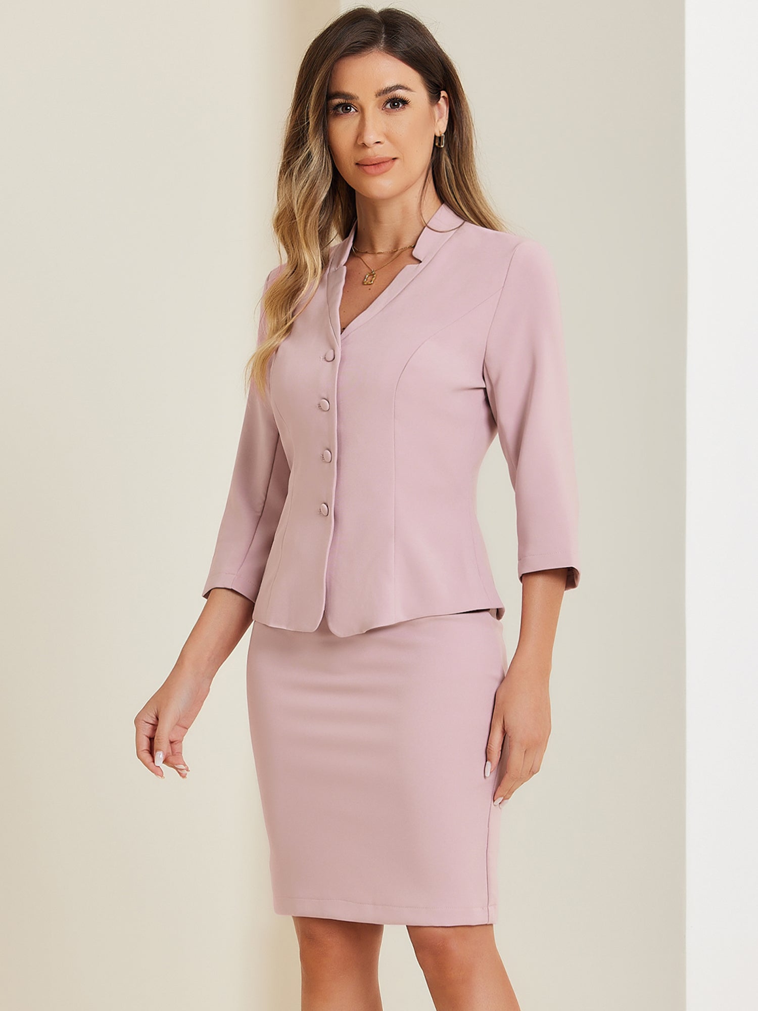 2 Piece Notched Collar Blazer and Pencil Skirt Business Suit Set