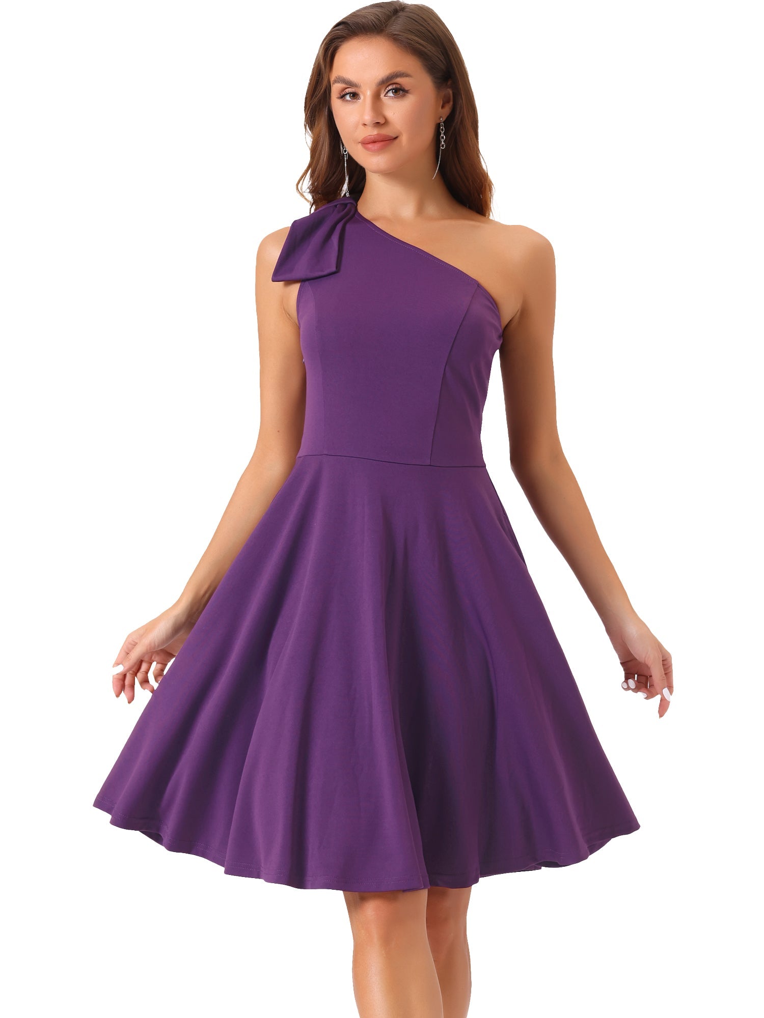 Bow One Shoulder Sleeveless Pockets A-Line Midi Dress
