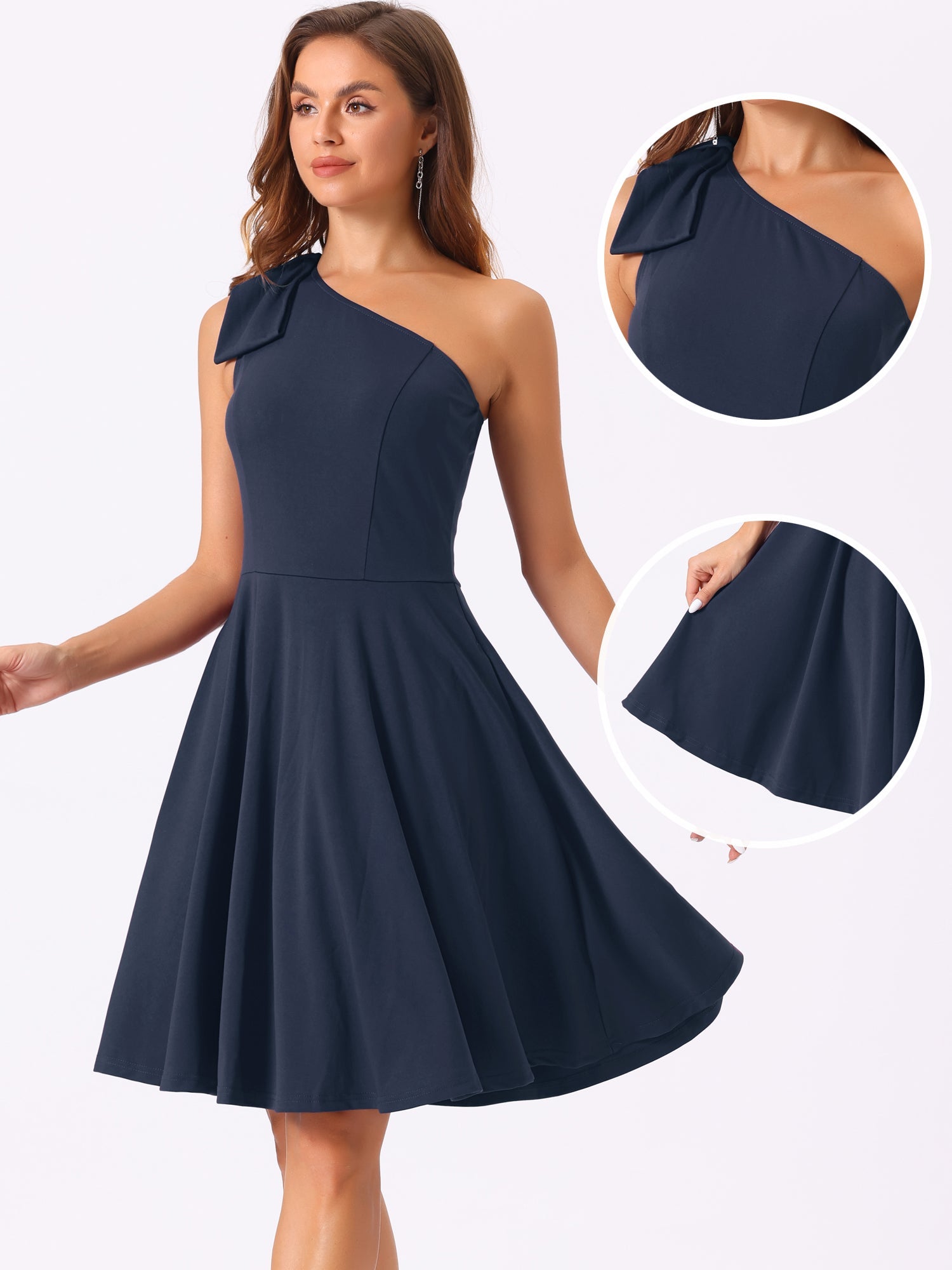 Bow One Shoulder Sleeveless Pockets A-Line Midi Dress