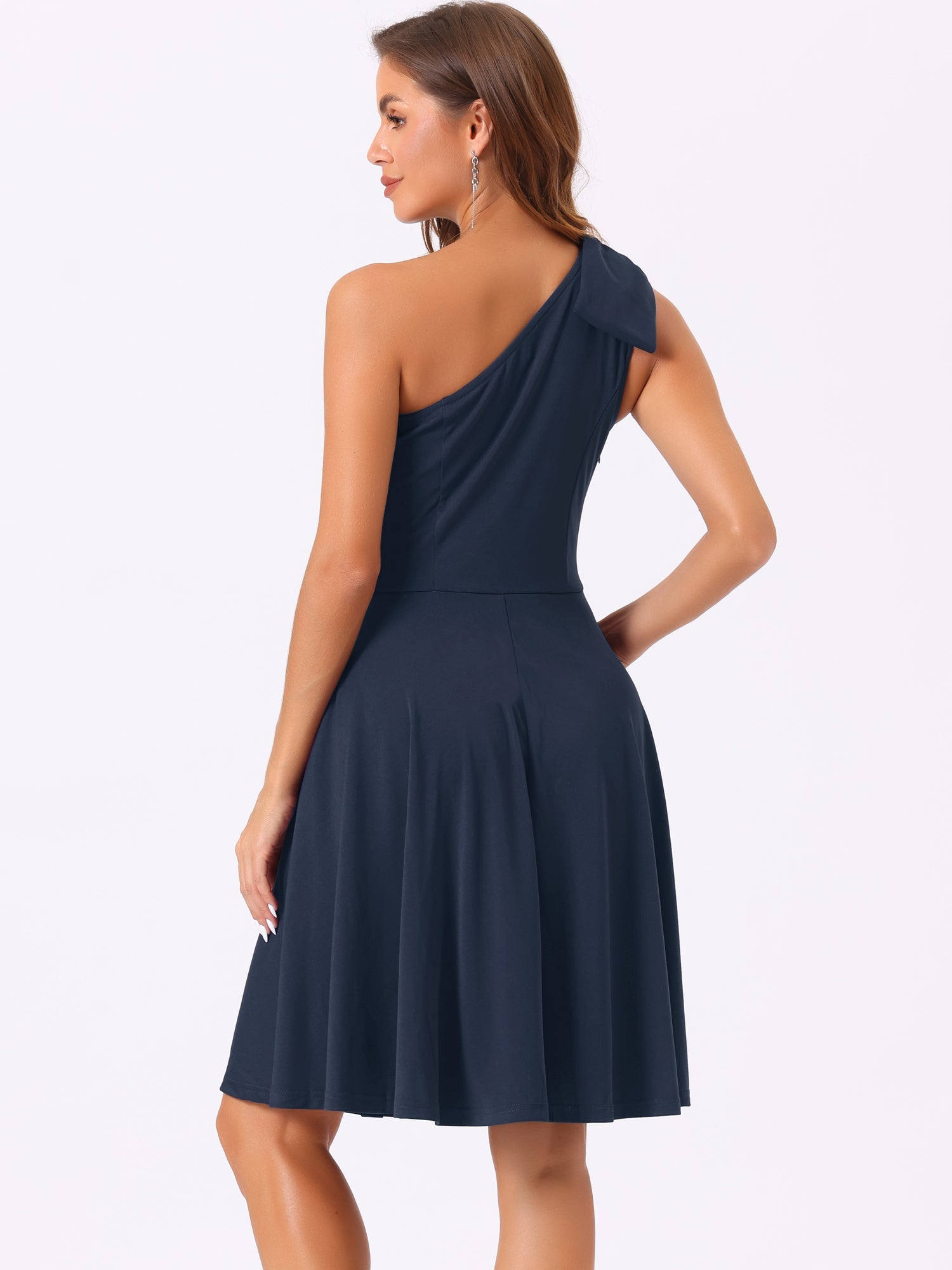 Bow One Shoulder Sleeveless Pockets A-Line Midi Dress