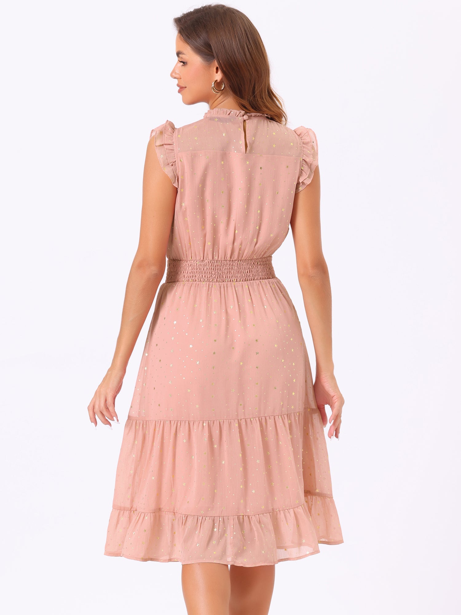 Chiffon Sleeveless Smocked Waist Gilding Metallic Stars Party Dress