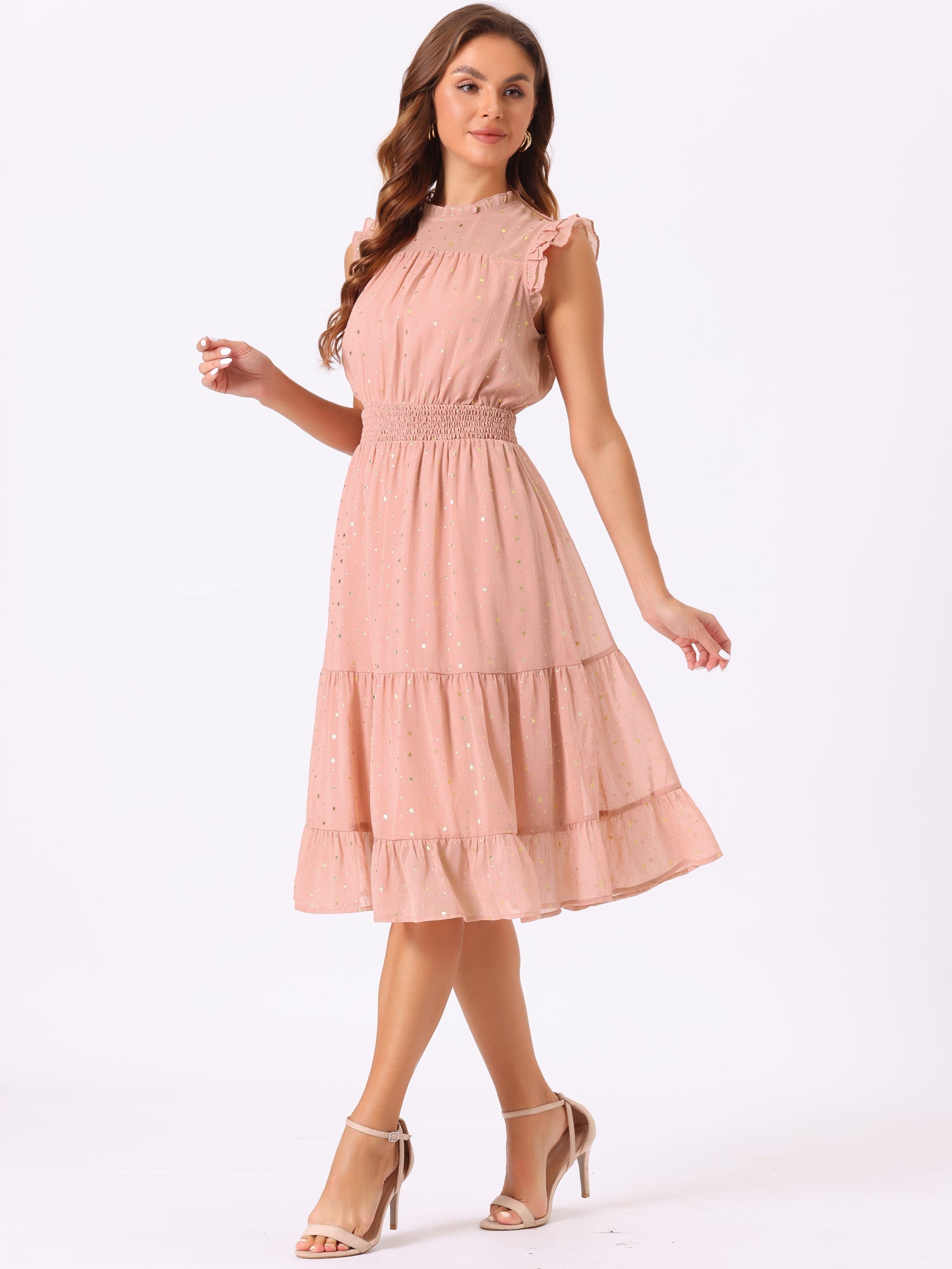 Chiffon Sleeveless Smocked Waist Gilding Metallic Stars Party Dress