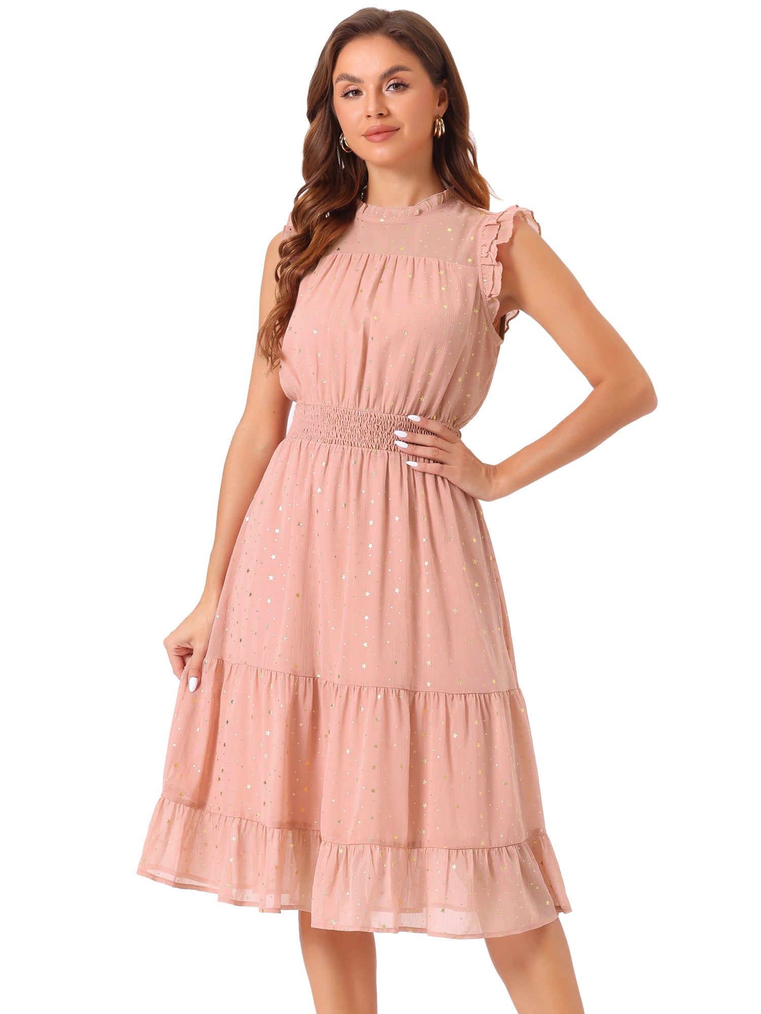 Chiffon Sleeveless Smocked Waist Gilding Metallic Stars Party Dress