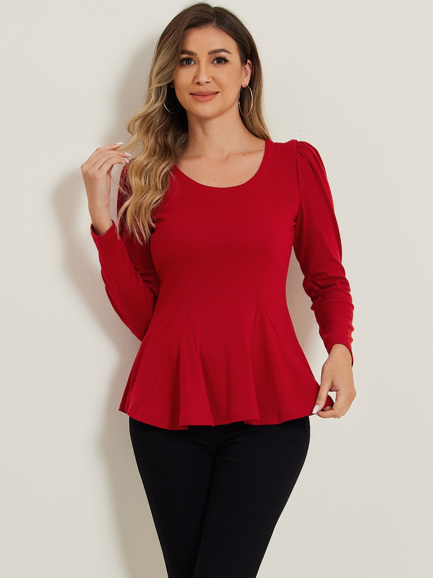 Long Sleeve Scoop Neck Casual Peplum Blouse