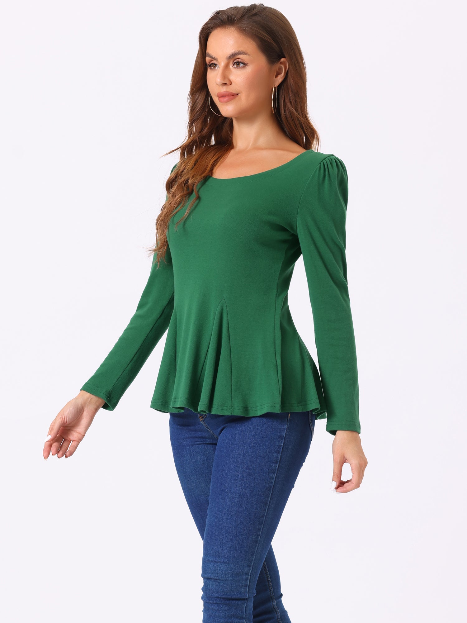 Long Sleeve Scoop Neck Casual Peplum Blouse