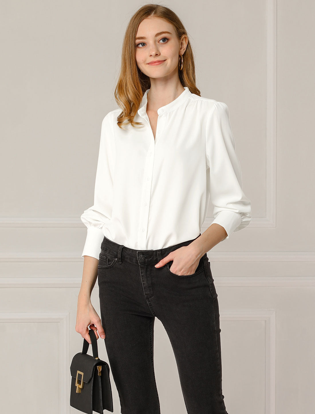 Mandarin Collar Long Sleeve Button Down Office Shirt