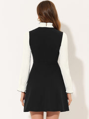 Patchwork Contrast Color Long Sleeve Tie Neck Mini Dress