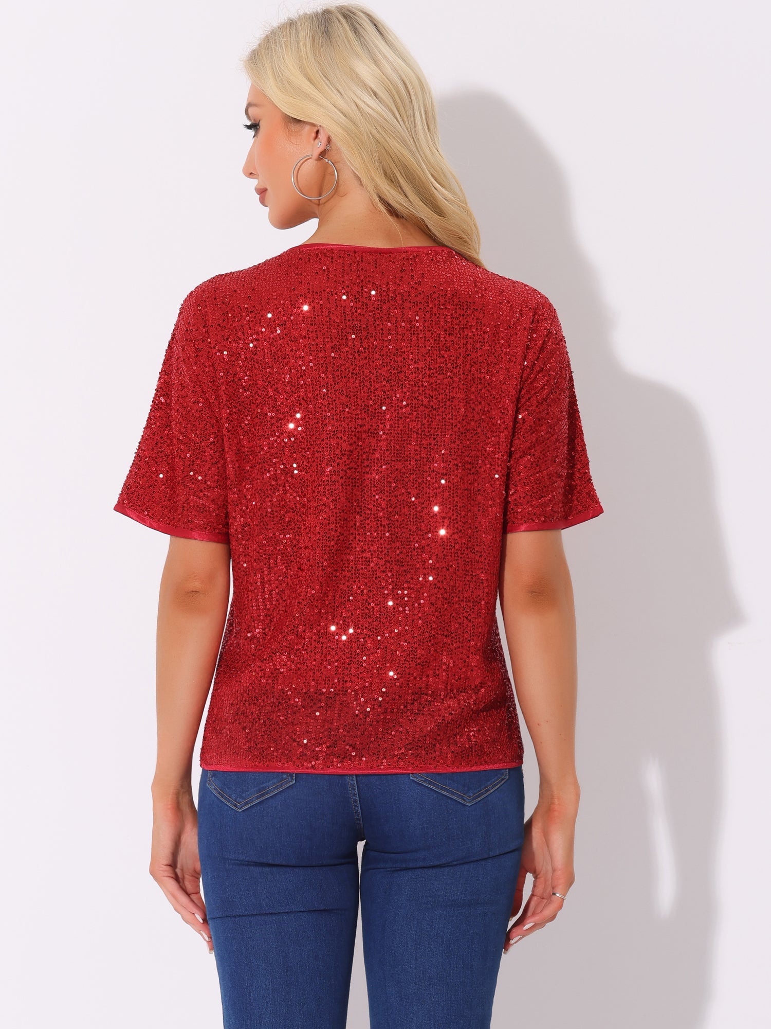 Sequin Top Round Neck Short Sleeve Party Clubwear Blouse