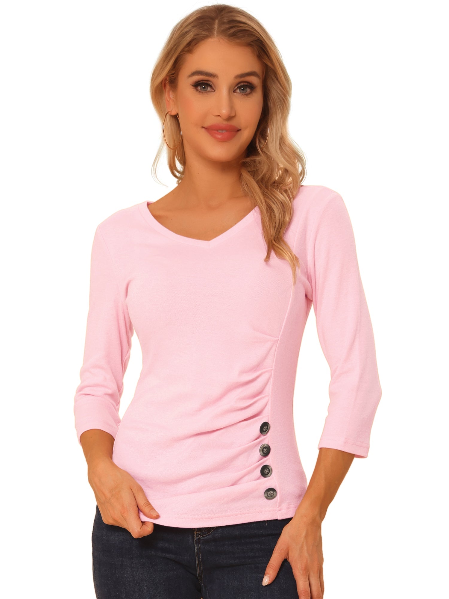 3/4 Sleeves V Neck Solid Knitted Button Decor Ruched Blouse
