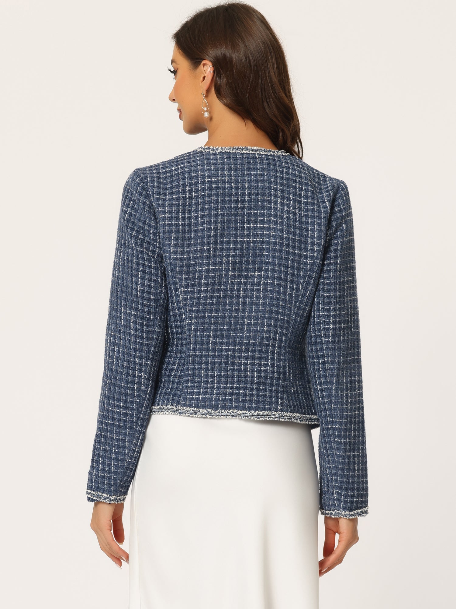 Plaid Tweed Long Sleeve Open Front Work Office Cropped Jacket Blazer