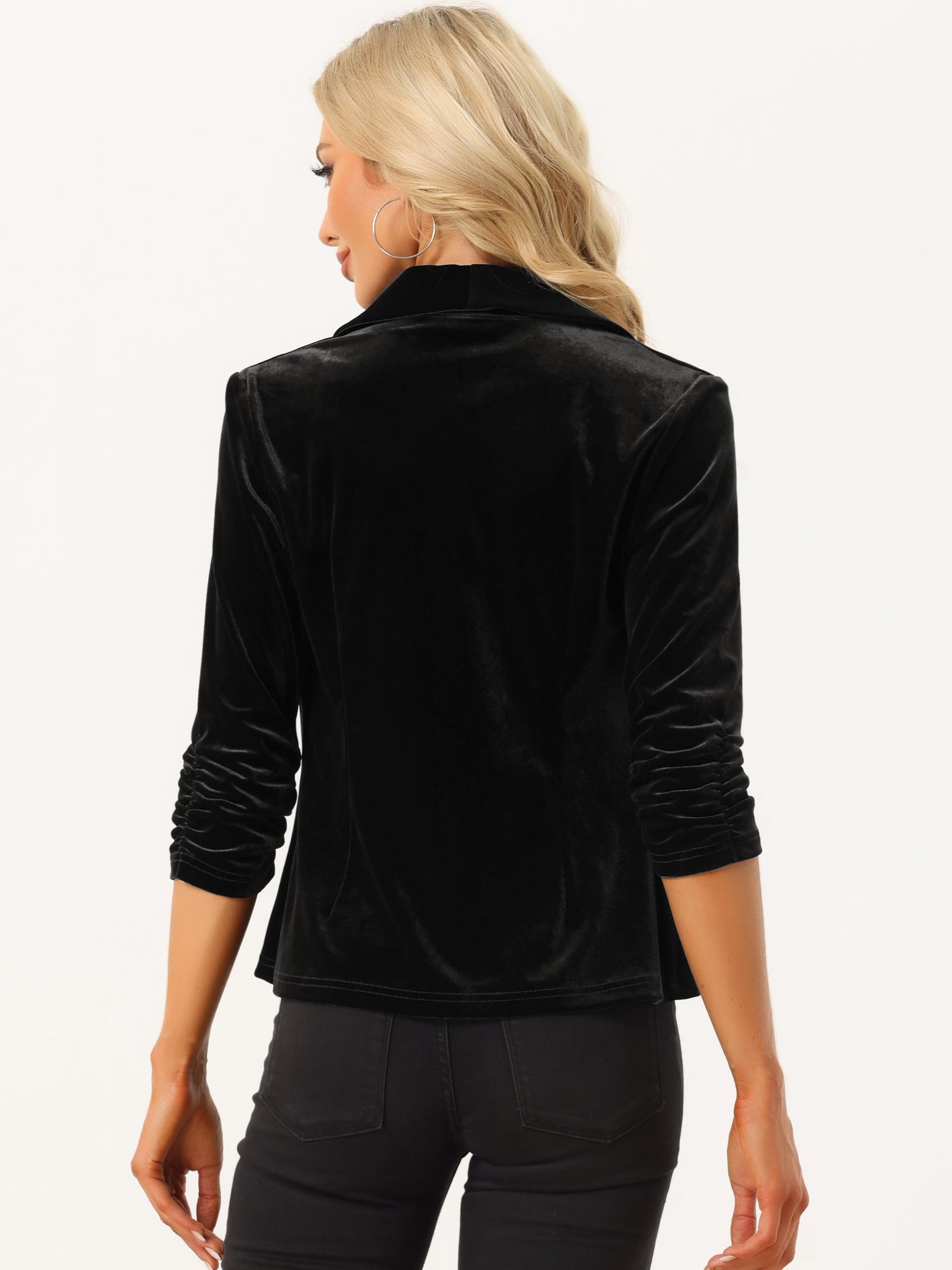 Lapel Collar Velvet Solid Office Work Open Front Blazer