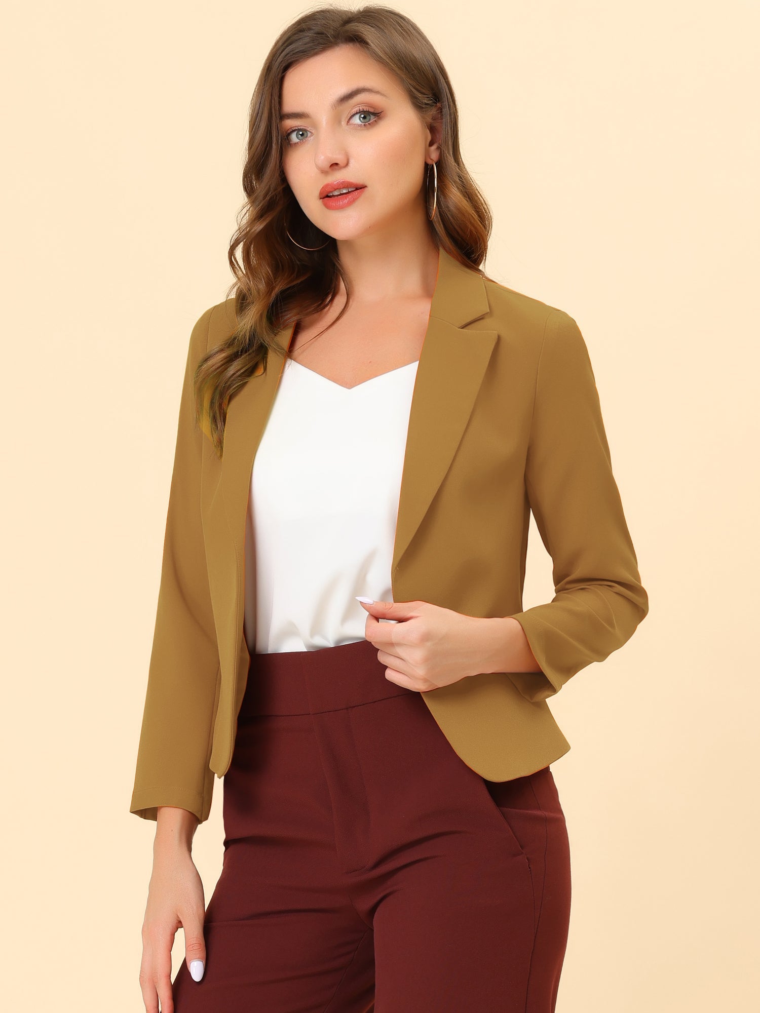 Notched Lapel Long Sleeves Solid Color Open Front Cropped Blazer