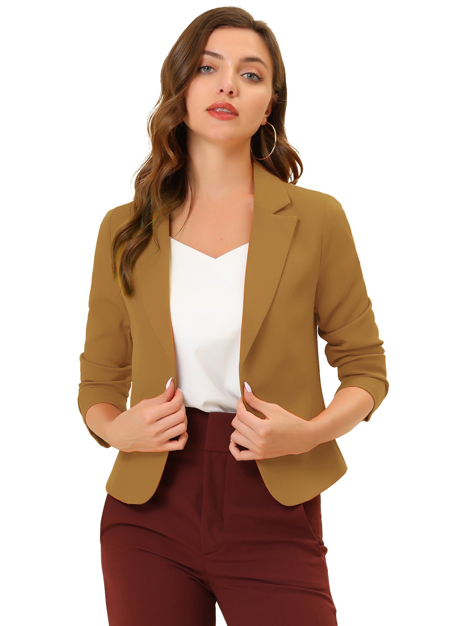 Notched Lapel Long Sleeves Solid Color Open Front Cropped Blazer