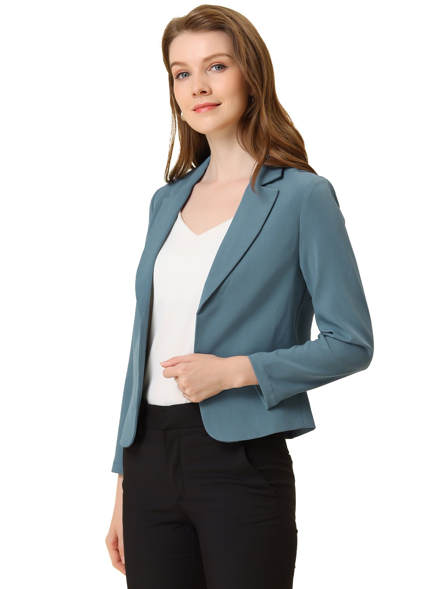 Notched Lapel Long Sleeves Solid Color Open Front Cropped Blazer