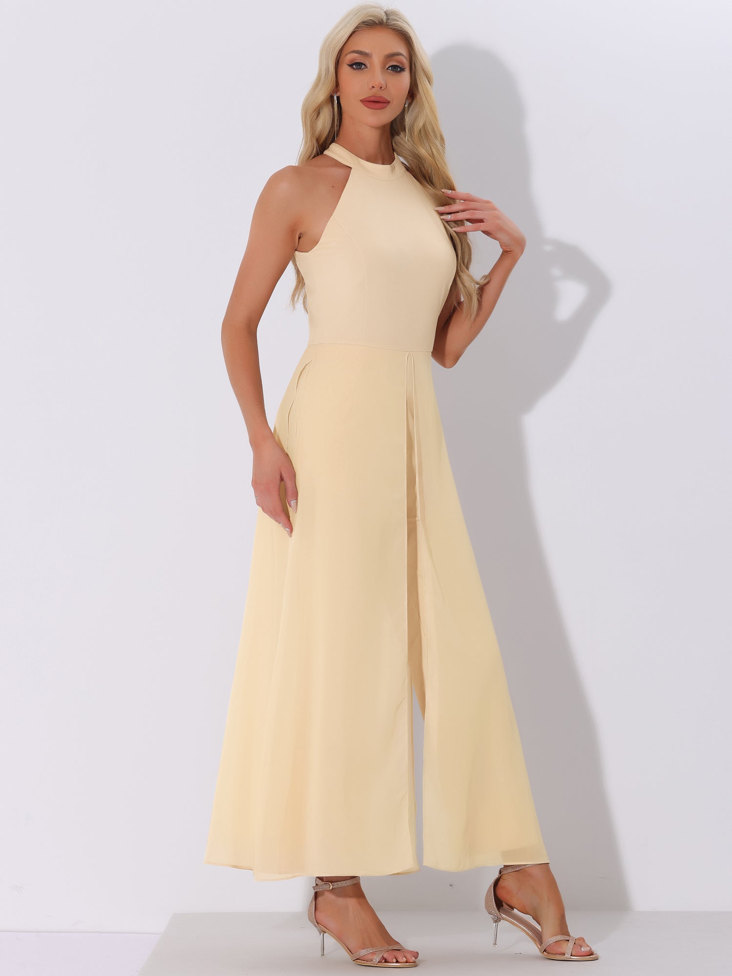 Sleeveless Halter Neck Belted Elegant Wedding Cocktail Dressy Jumpsuits