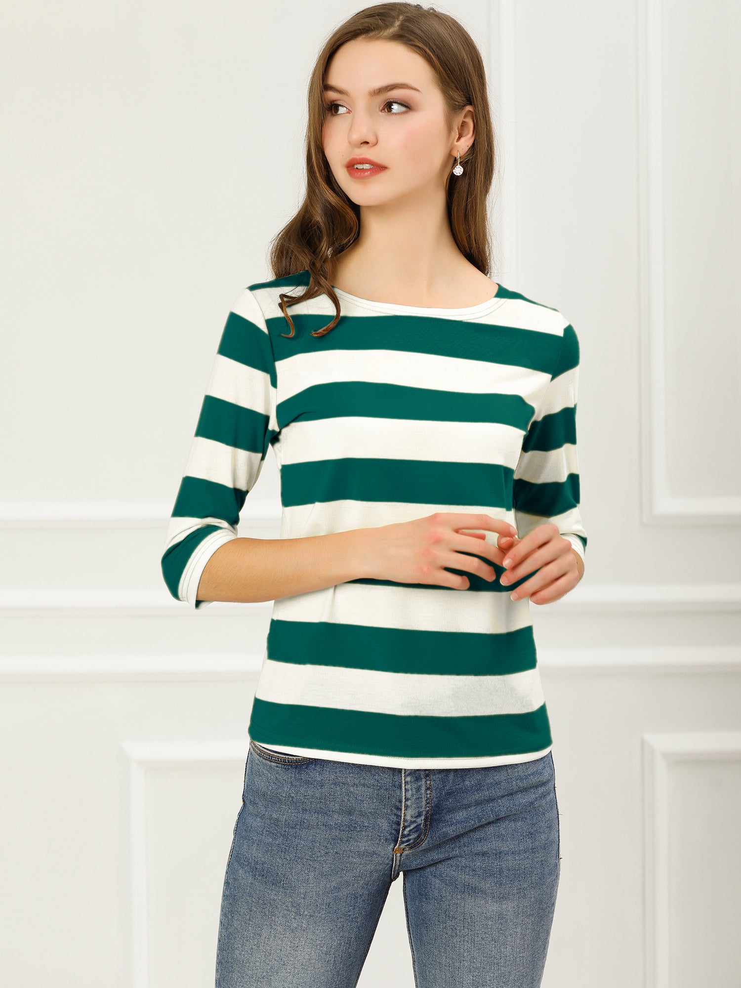 Striped 3/4 Sleeve Casual Basic Boat Neck T-shirt