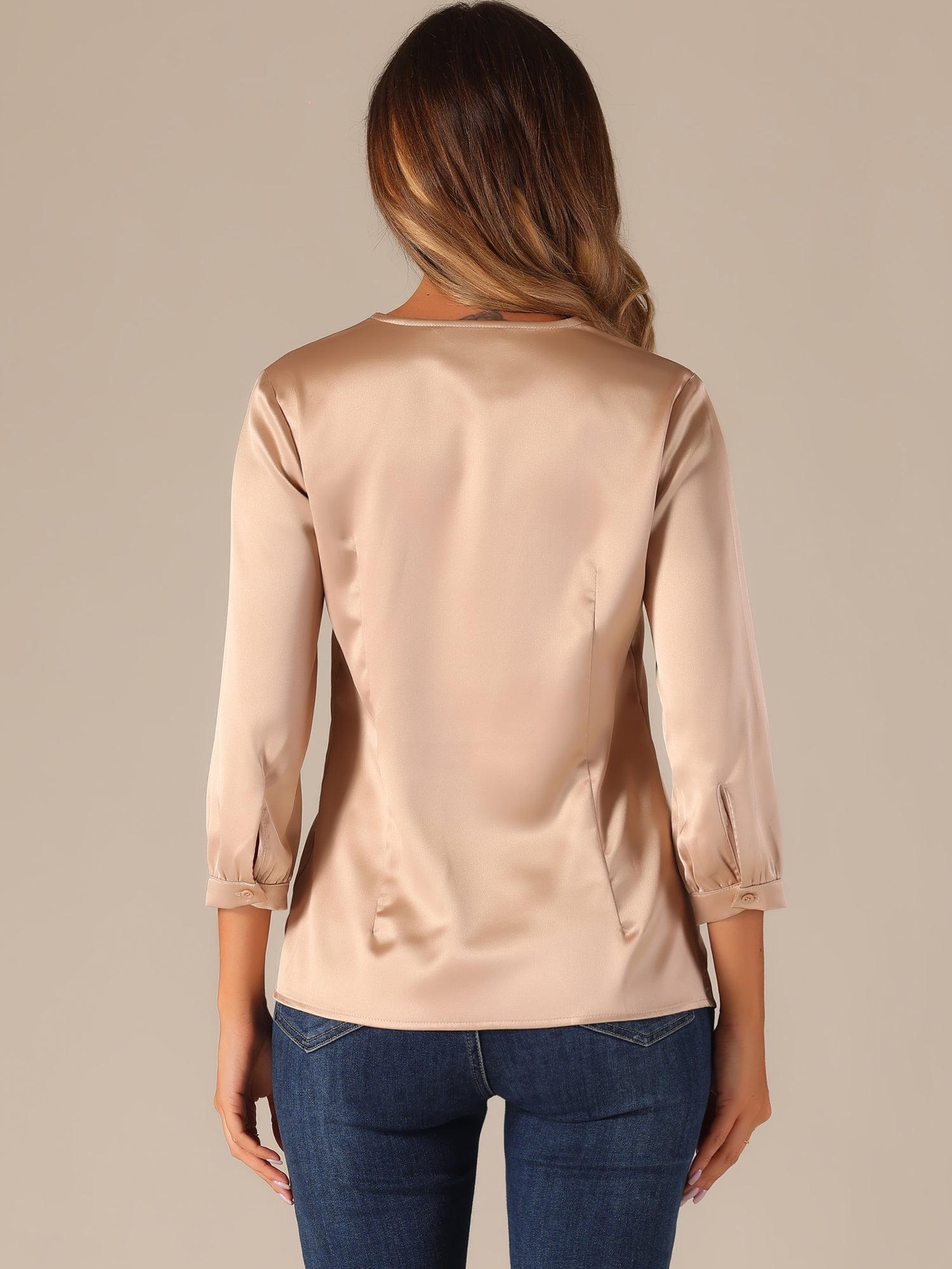 Casual Office Blouse 3/4 Sleeve V Neck Satin Shirt