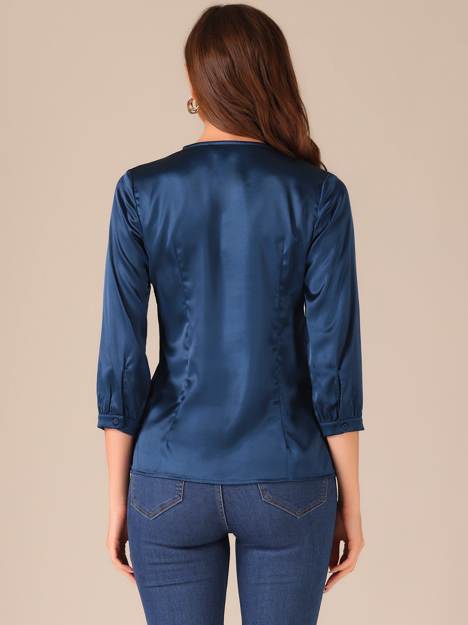 Casual Office Blouse 3/4 Sleeve V Neck Satin Shirt
